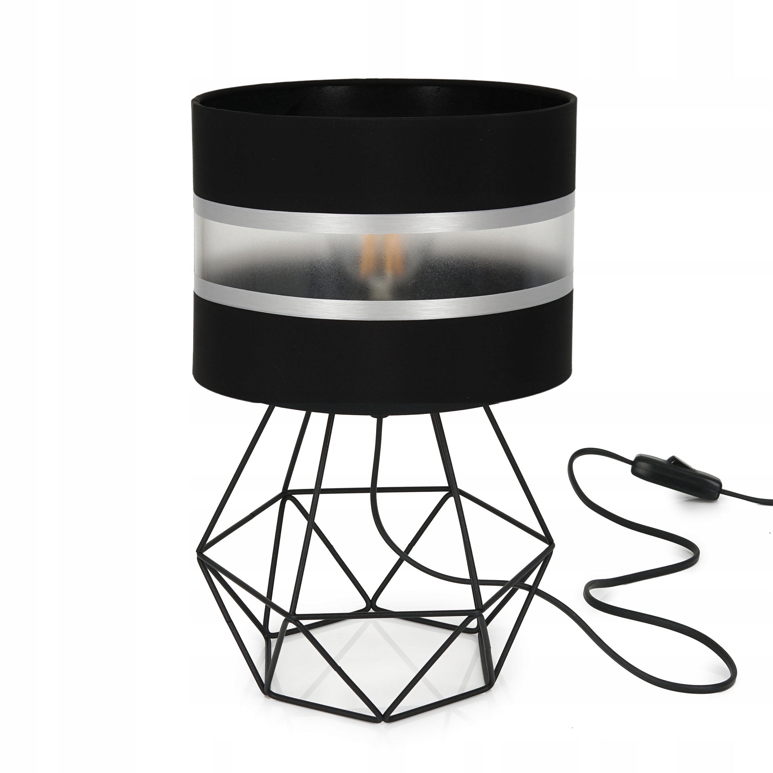 LAMPKA NOCNA STOŁOWA BIURKOWA DIAMENT Z ABAŻUREM PASY SREBRO E27