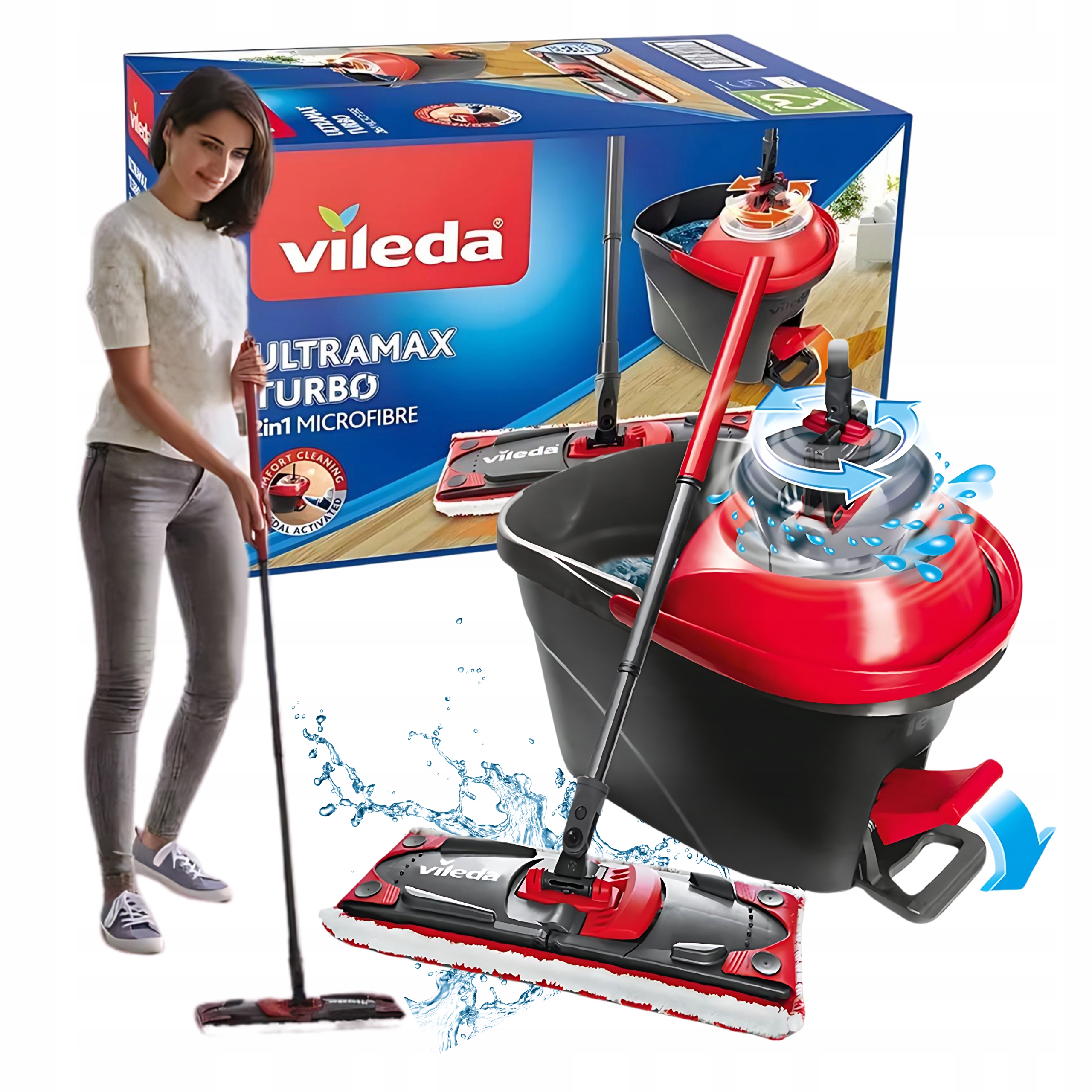 Vileda Plochý rotační mop Turbo s odstředivkou a kbelíkem, nástavec, teleskopová tyč