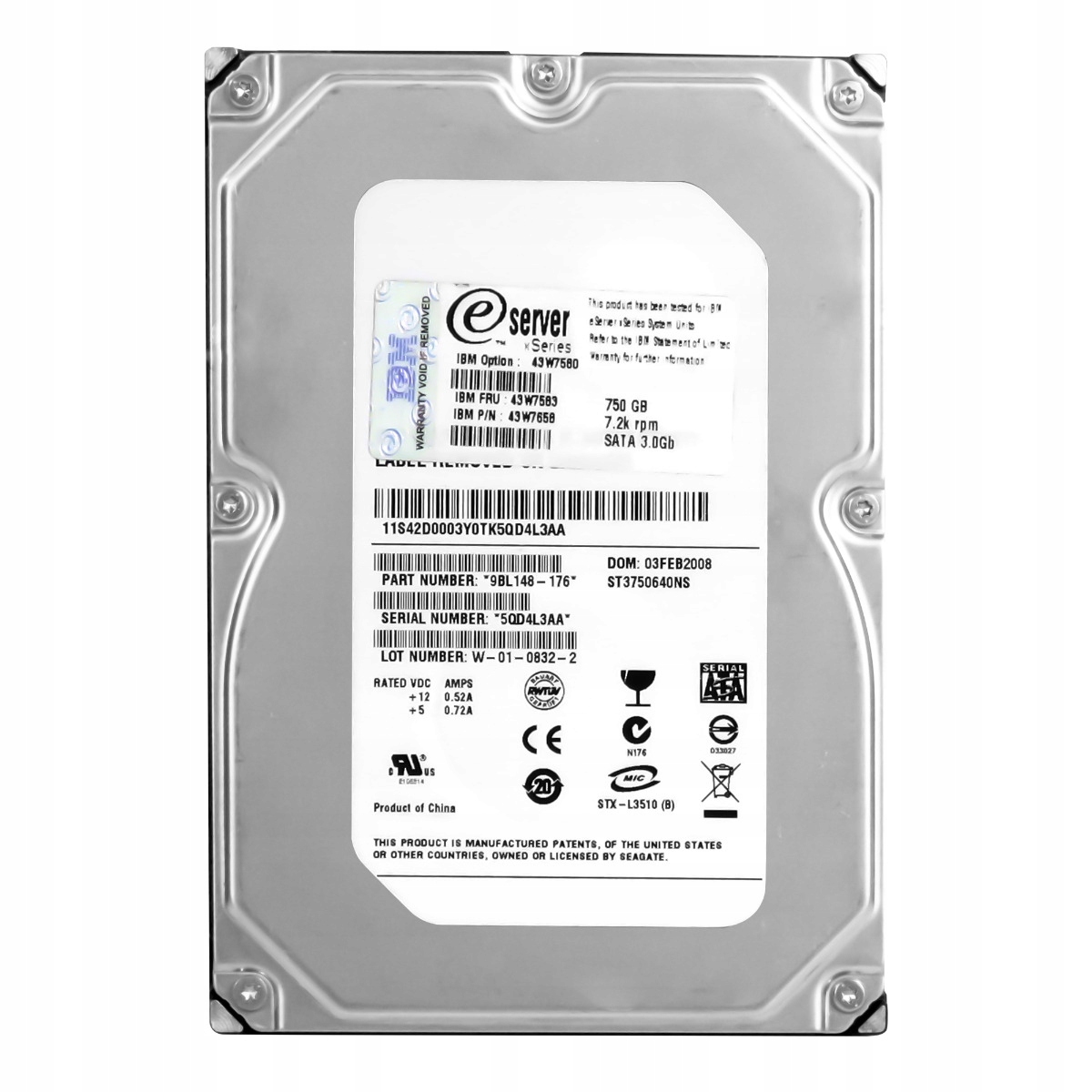 Ibm 43W7583 43W7658 750GB 7.2K 16MB Sata II 3.5'' ST3750640NS