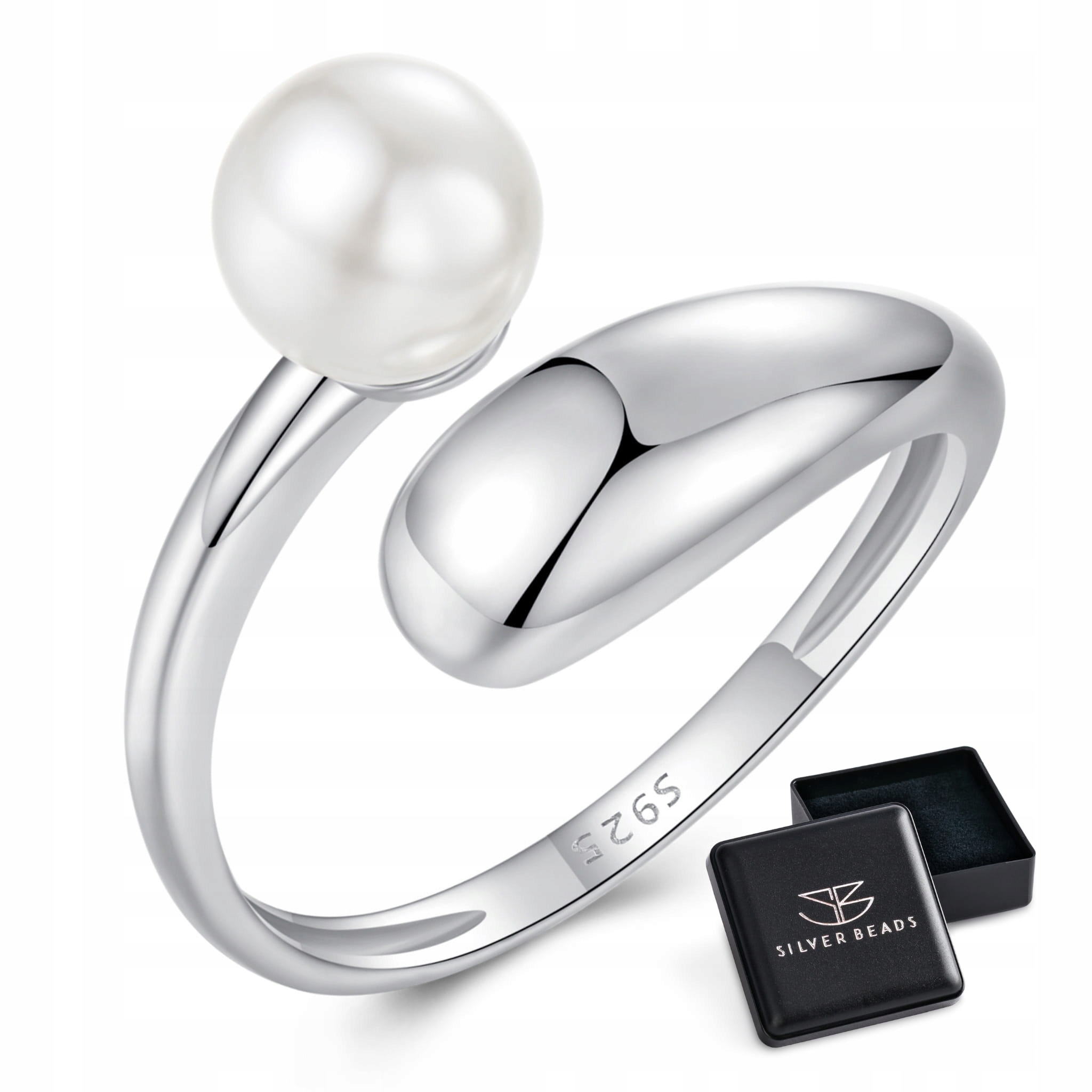 P046U Srebrny pierścionek regulowany łezka z perełką srebro 925