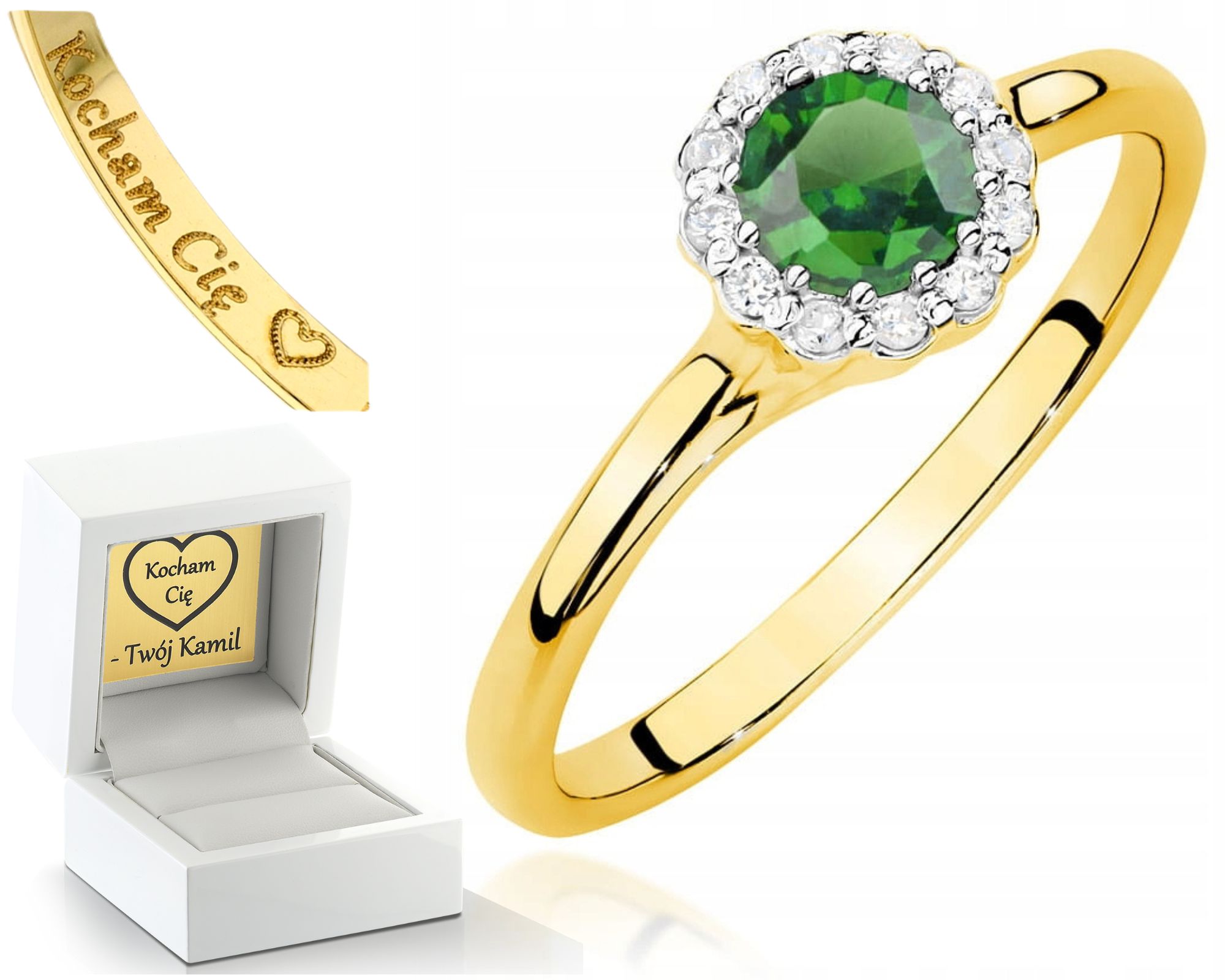 Zlatý Prstýnek Smaragd Se Smaragdem A Diamanty S Gravírou Do Gravírování 585