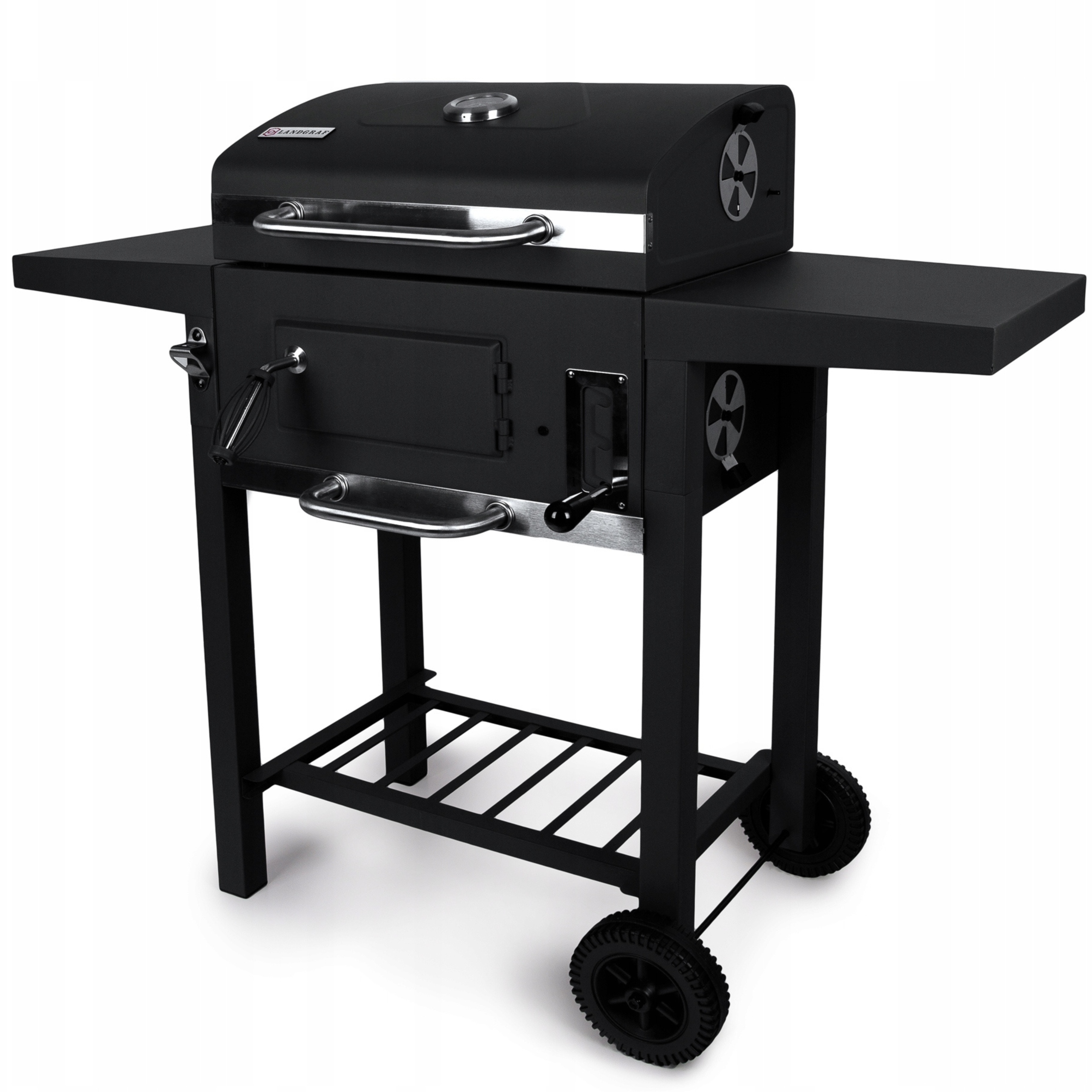 Zahradní Gril Tradiční Uhlíkový Uzamykatelný 3 Police 2 Kolečka Teploměr Černý