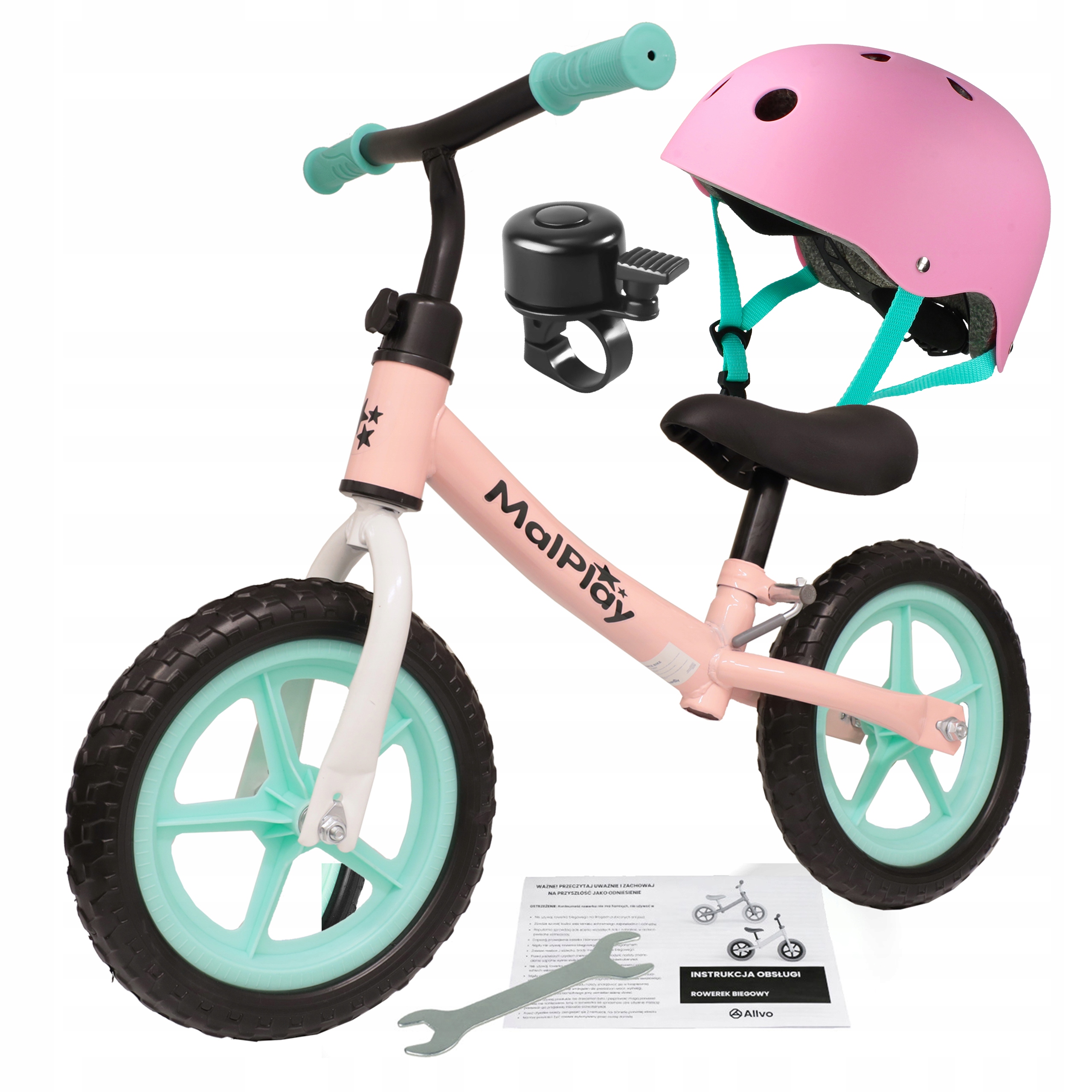 Sportowy rowerek biegowy dla dzieci dla 2 latka zestaw 3w1 kask dzwonek