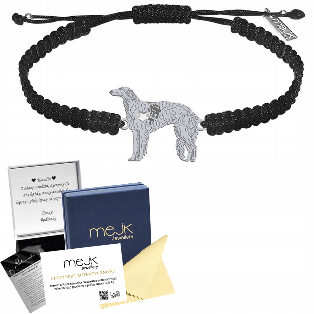 Stříbrný náramek s ruským chrtem Borzoj 925 Makramé Žena Gravírování