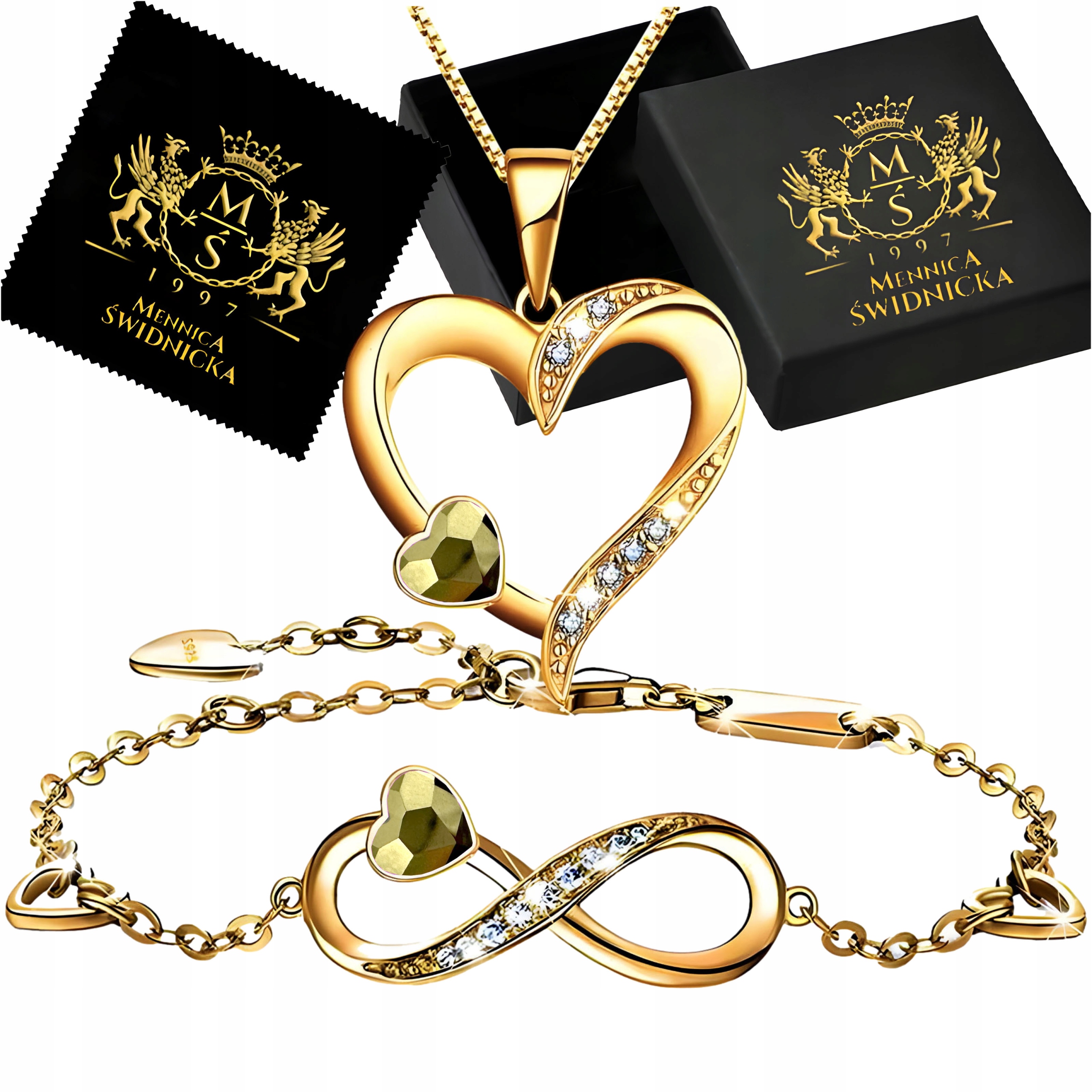 Zlatý komplet Náhrdelník Srdce Náramek Infinity Stříbro 925 Pro ženy