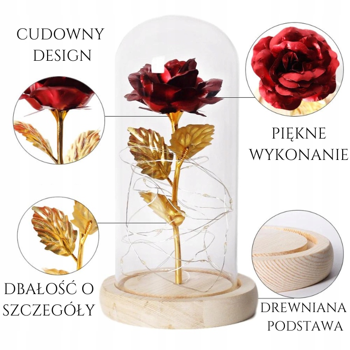 WIECZNA RÓŻA LED W SZKLE POMYSŁ NA PREZENT NA WALENTYNKI DZIEŃ MAMY MATKI Wysokość produktu 21 cm