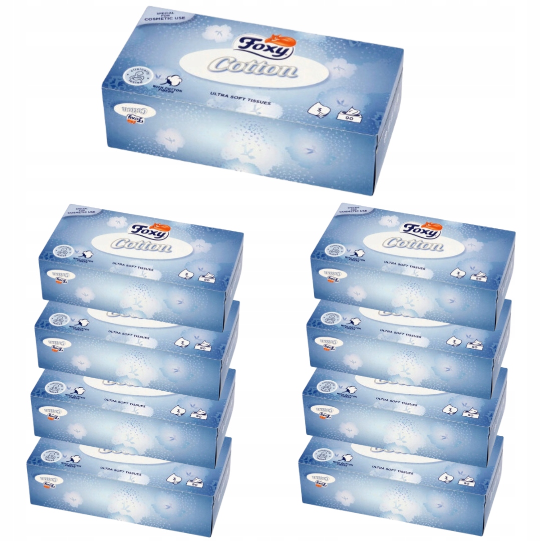 Zestaw x9 Foxy Cotton Chusteczki 3-Warstwowe 90 Szt Ultra Miękkie Delikatne