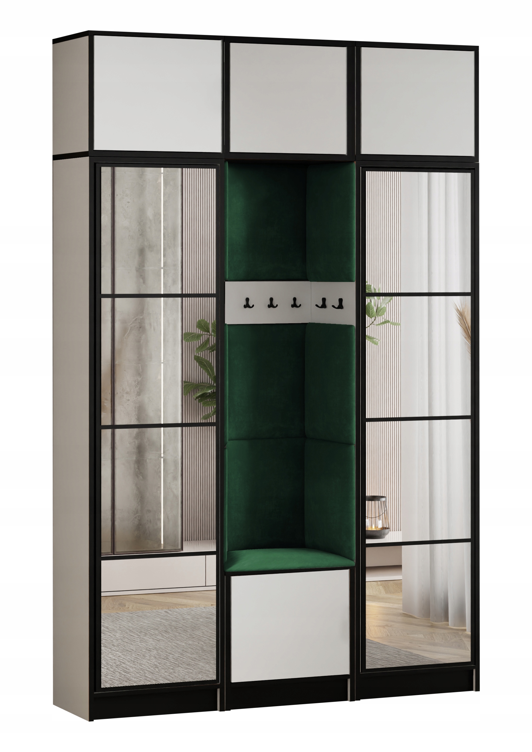 Šatní skříň Costa 12 bílá zelená tkanina, sedák s nástavcem