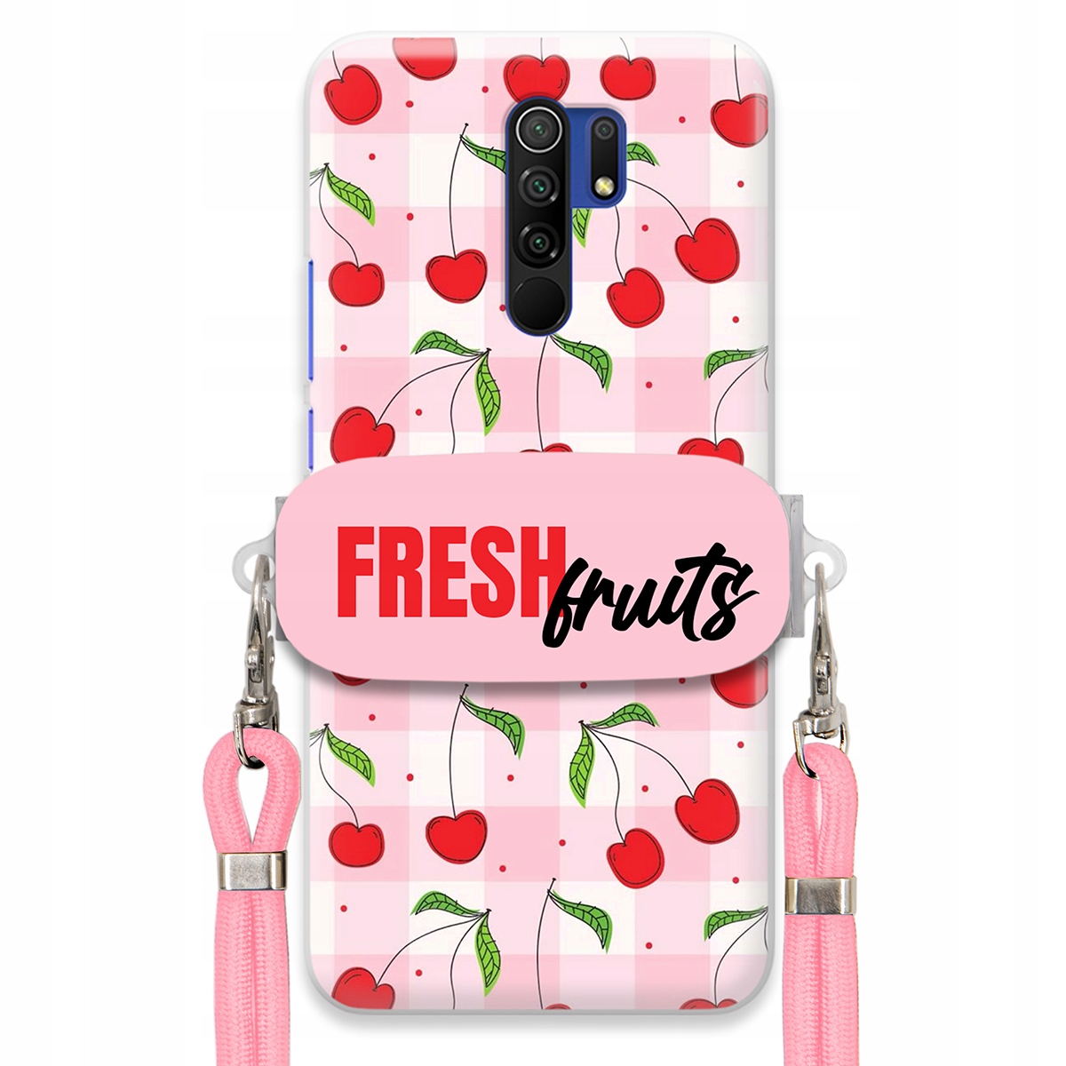 Puzdro pre Xiaomi Redmi 9 Case Držiak na šnúrku Ružový Fresh Fruits Mriežka