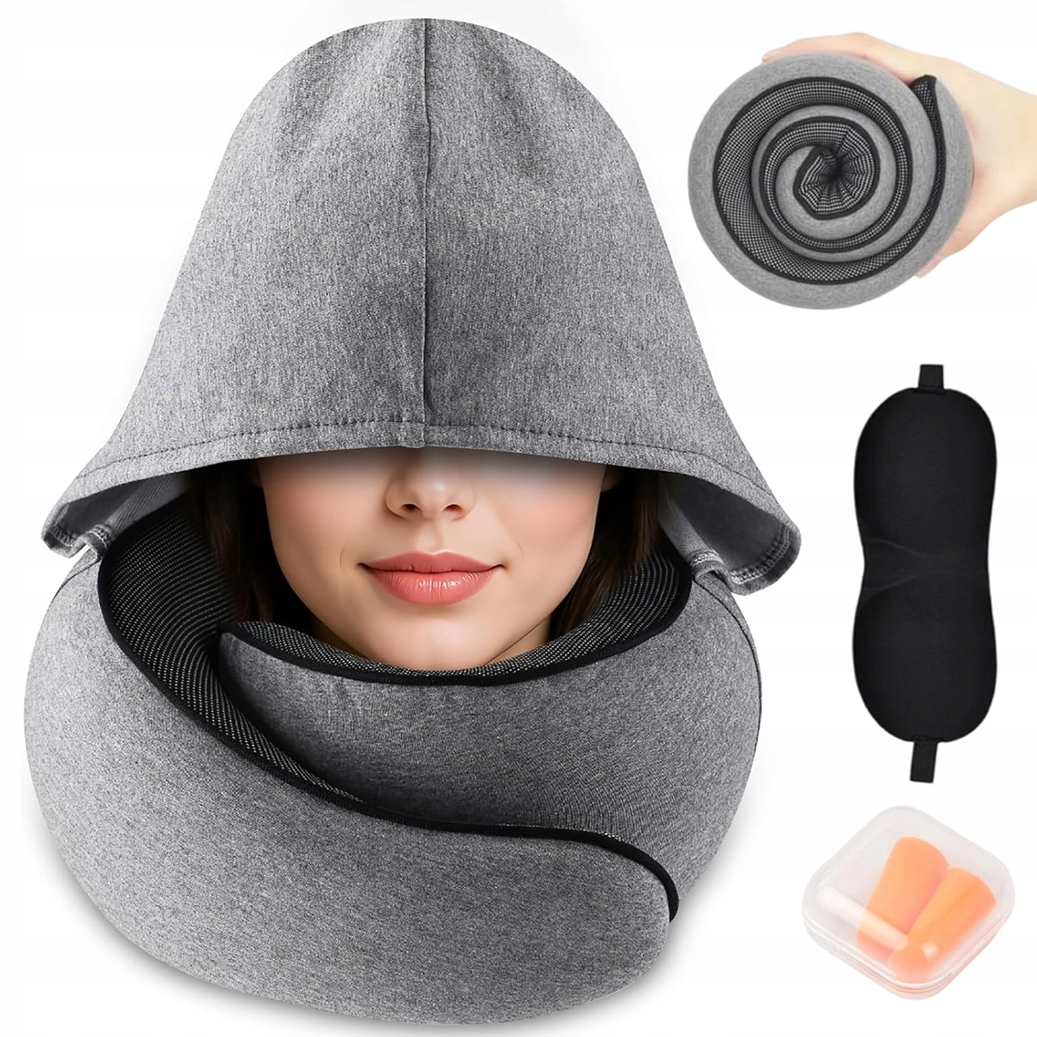 Poduszka Podróżna Na Szyję Z Kapturem I Maską Na Oczy Ergonomiczna