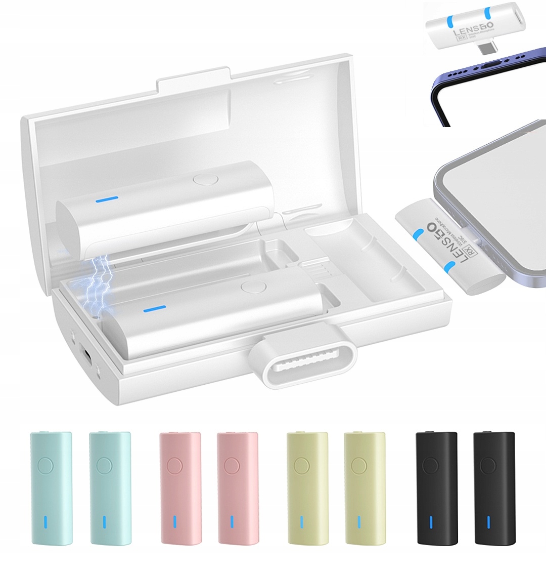 Lensgo 518C 2x Bezdrátový kravatový mikrofon Box Nabíječka Type-c Usb-c