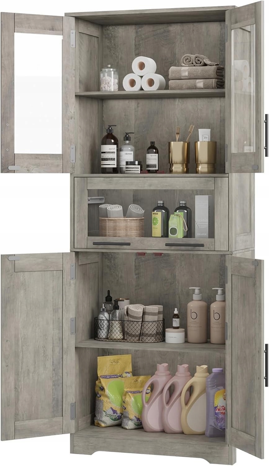 Koupelnová skříňka se skleněnými dveřmi, nastavitelnými policemi, dvojitá řada, šedá