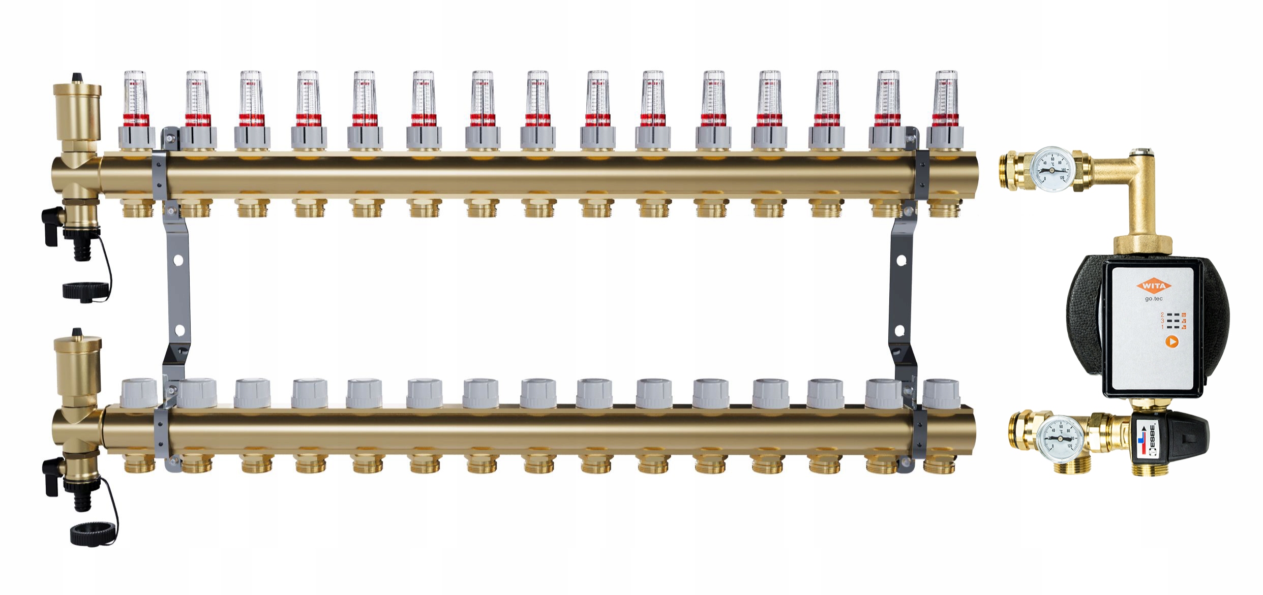 Rozdělovač pro podlahové topení 15 mosazných sekcí Čerpadlo Wita