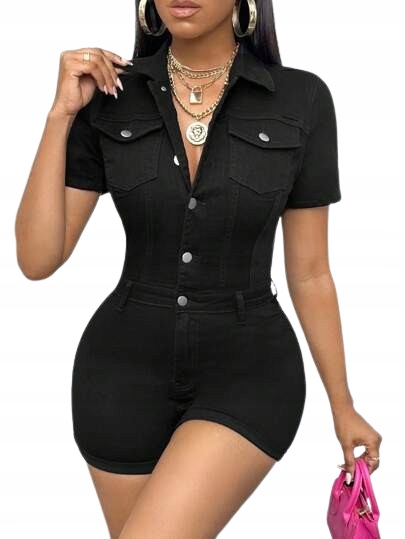 Shein Černá Krátká Kombinéza S Límečkem A Knoflíky 38 1KB