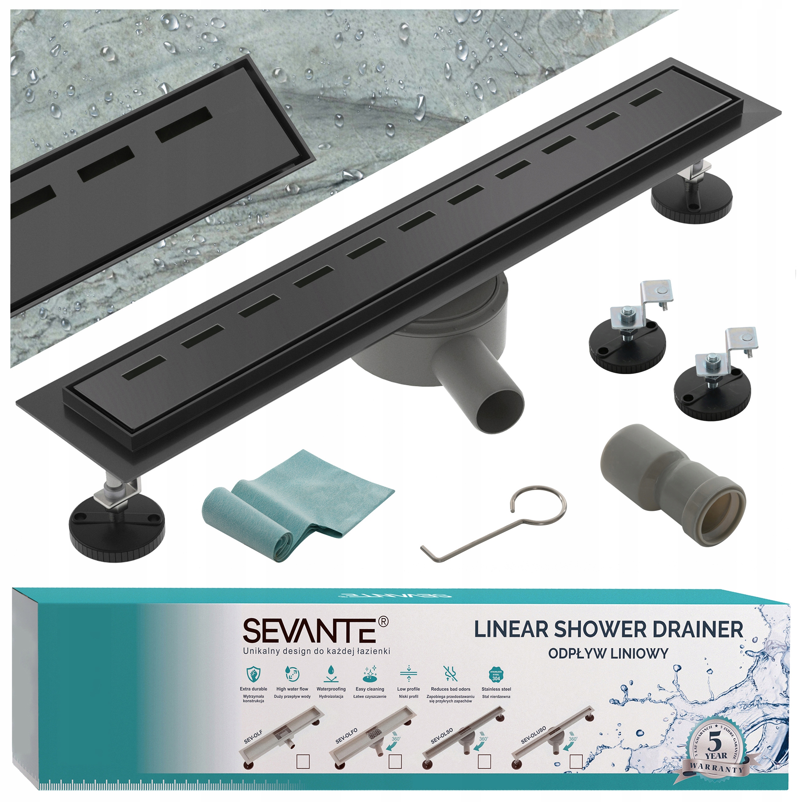 Lineárny odtok s maskovačom 70 cm Flat čierny nerezová oceľ otočný sifón