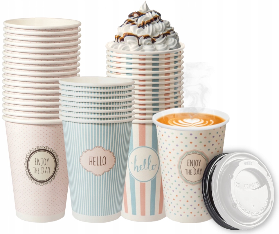 KUBKI PAPIEROWE DO KAWY 400ml PASTELE + WIECZKA DEKIELKI JEDNORAZOWE