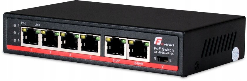 GetFort Switch 6 portový Fast Ethernet PoE, 65 W