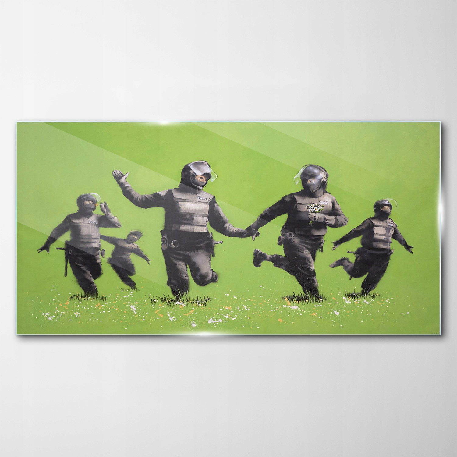 

Obraz szklany z nadrukiem Banksy zielony 100x50 cm