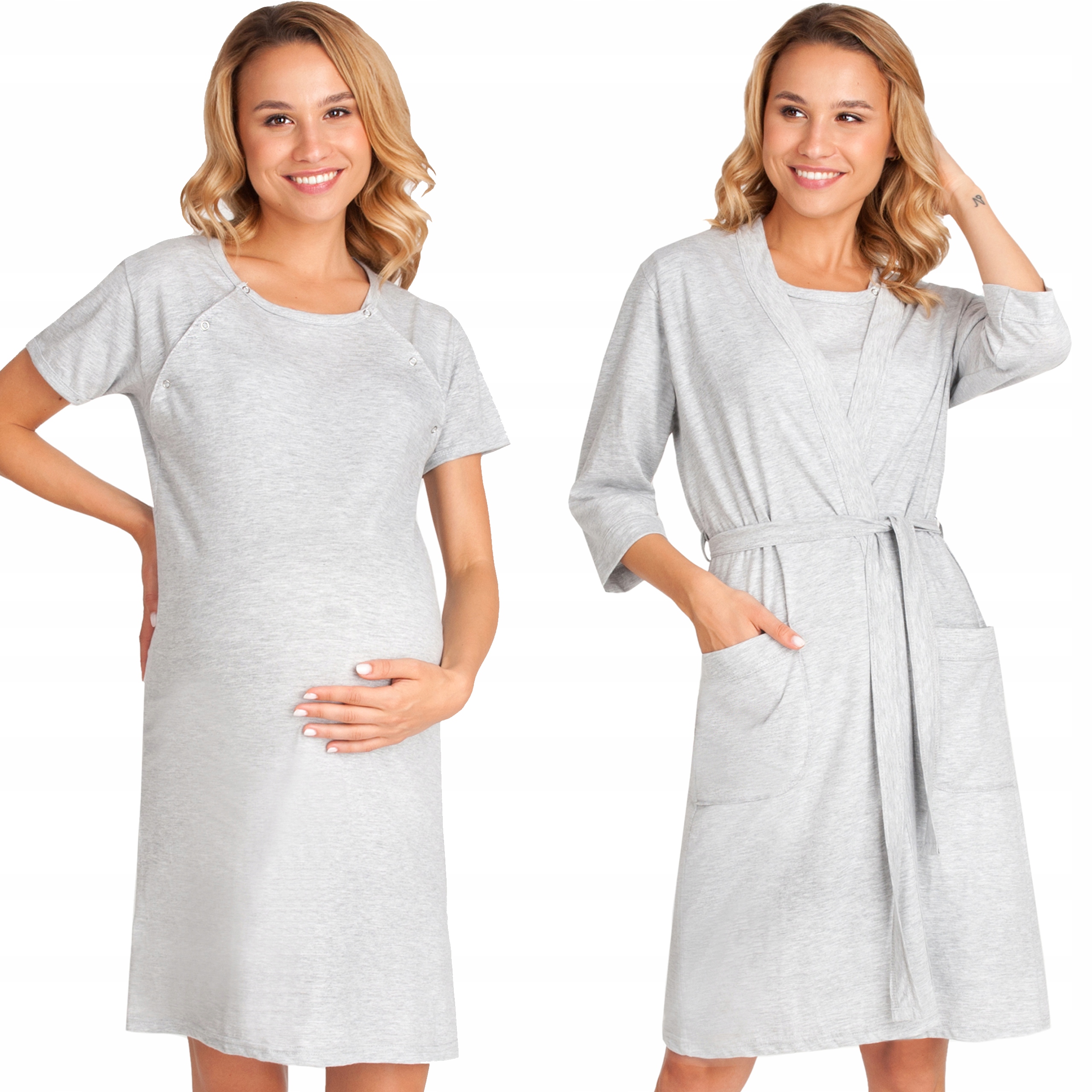 KOSZULA DO KARMIENIA SZLAFROK CIĄŻOWY KOMPLET M Rękaw krótki rękaw