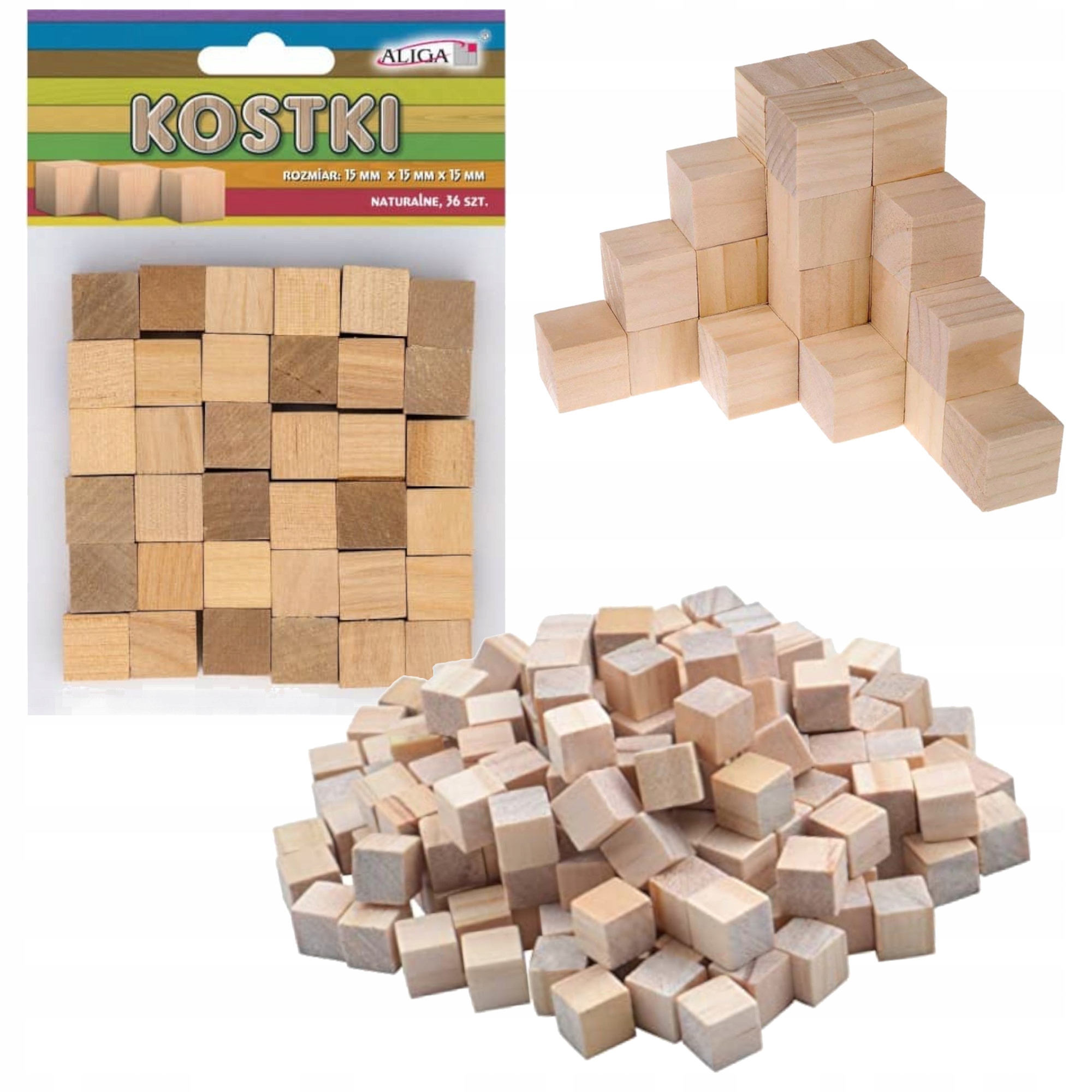 

Kostki drewniane naturalne 15x15x15mm 36 sztuk