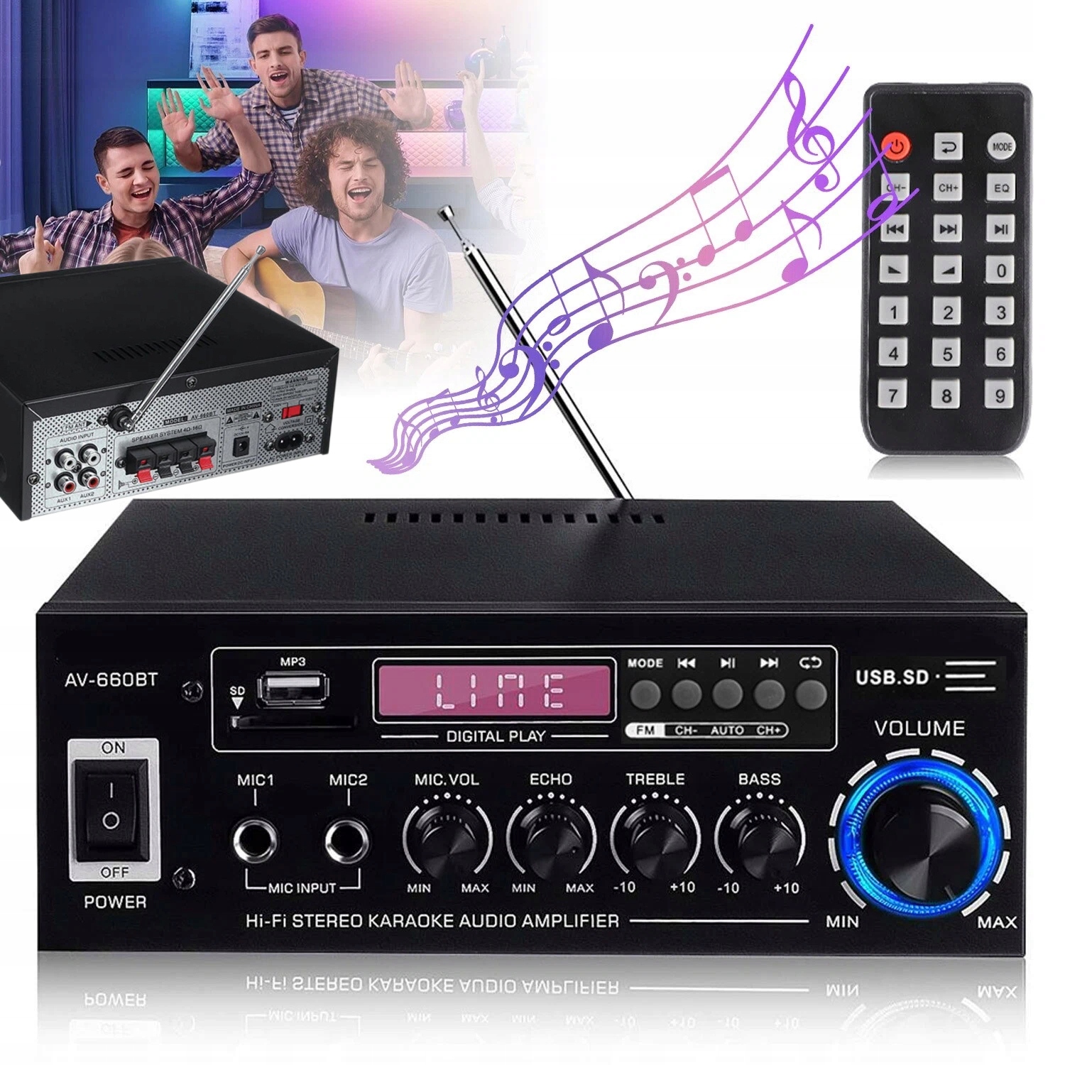 Zesilovač Hifi Fm Bluetooth Led Stereo s anténou Dvd/Aux 230v
