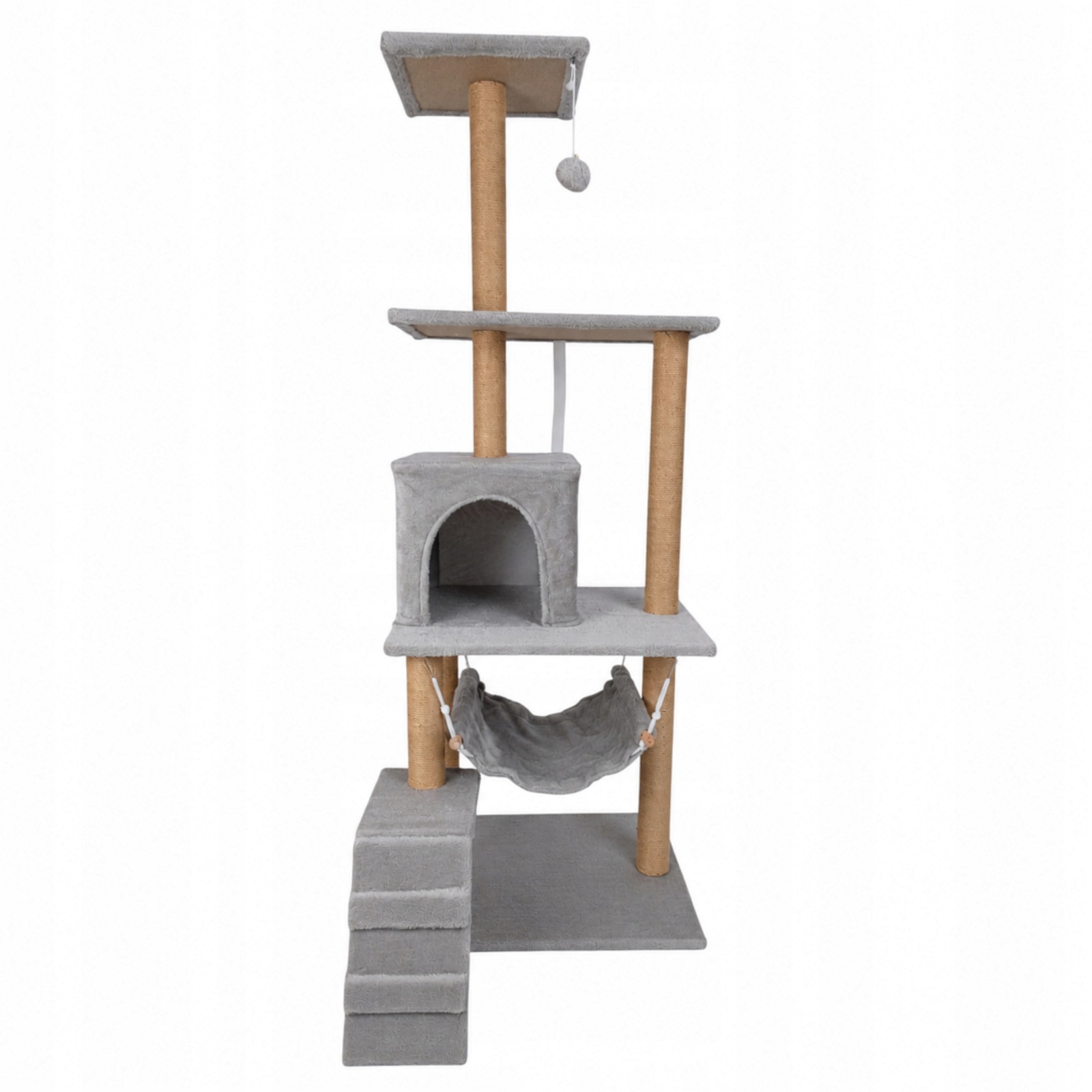 Drapak Pro Kočky 137 cm šedý víceúrovňový Velký Domeček houpací síť sisal sloupky