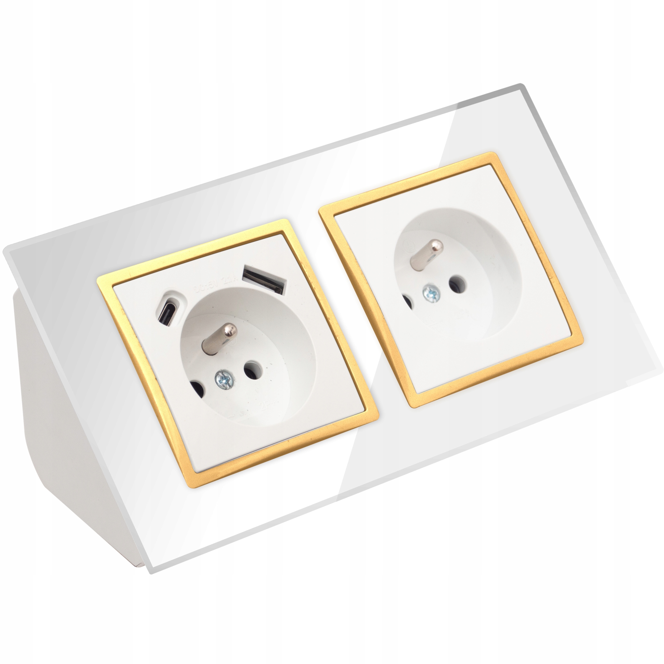 Gniazdo Podwójne Szklane Meblowe Narożne Biurkowe Usb Typ C Białe Złote