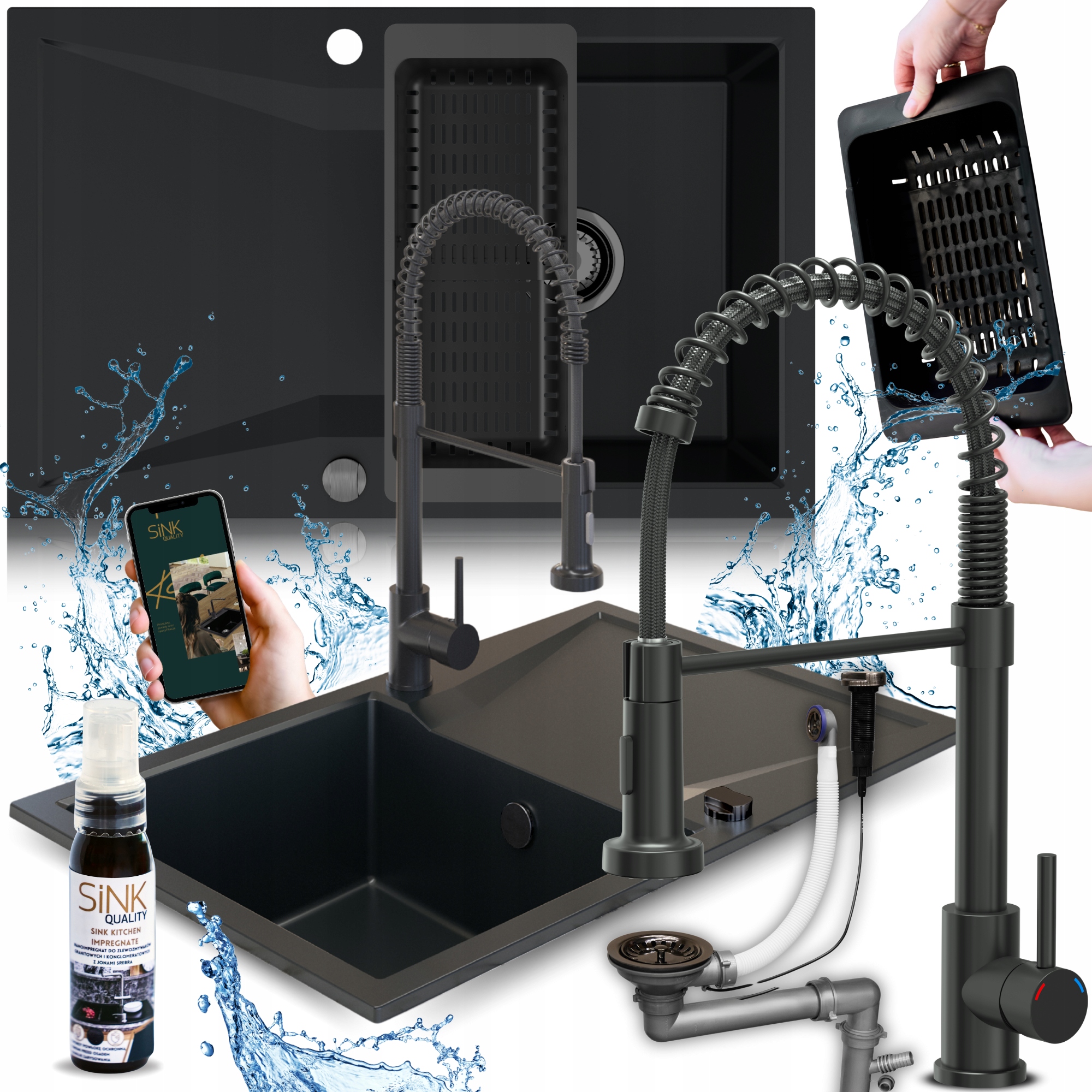 Jednokomorový Dřez Černý Granitový Sifon Auto Odkapávač Baterie 9v1