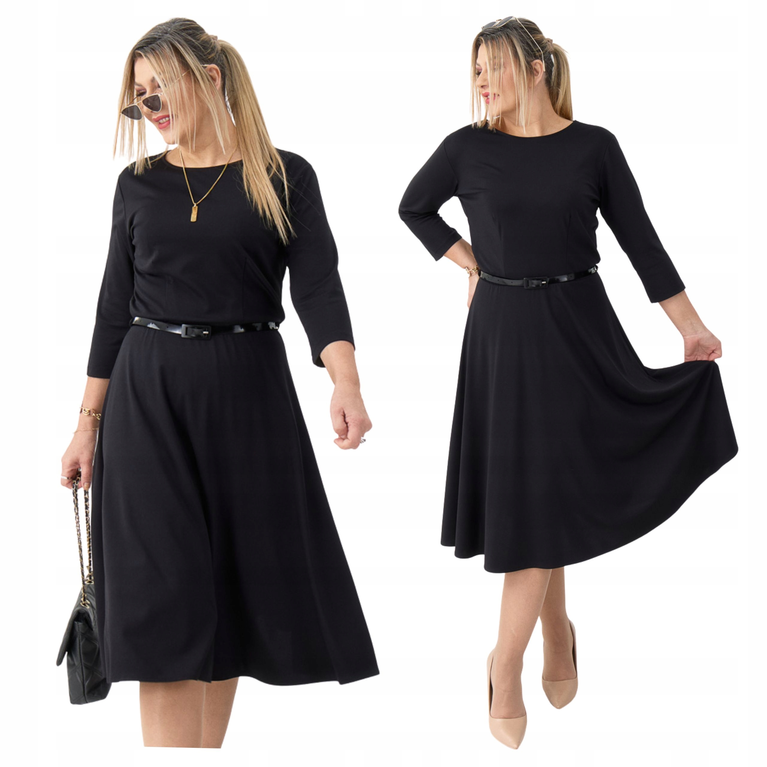 Sukienka rozkloszowana dzianinowa z paskiem Polski Producent duże rozmiary