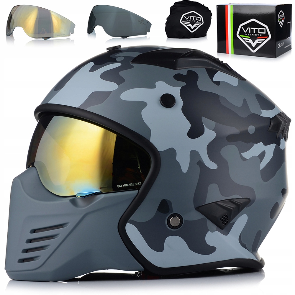 Motocyklová Přilba Otevřená Vito Bruzano Camo Odnímatelná Čelist 2x Sklo