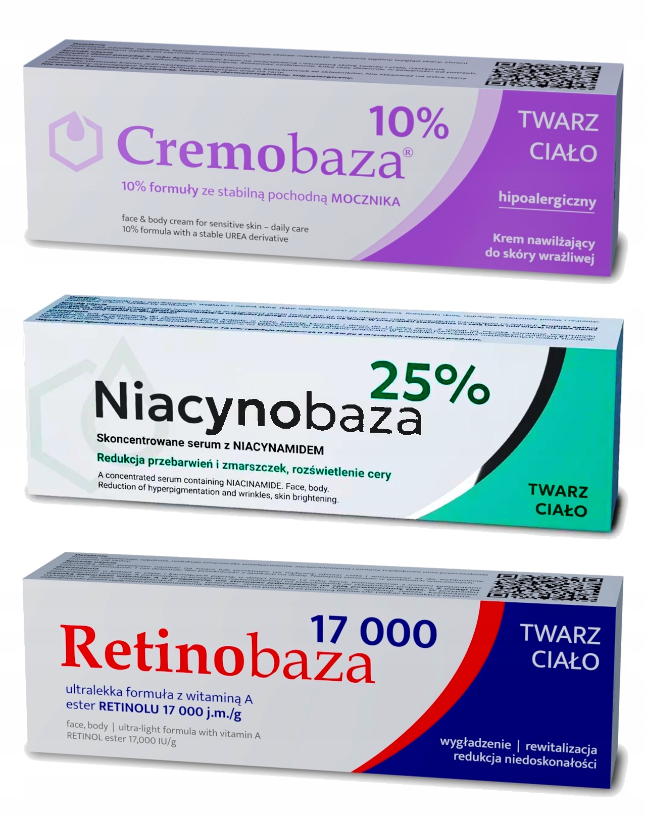3 Kremy Farmapol Cremobaza 10%, Niacynobaza 25%, Retinobaza 17 000 3x 30g