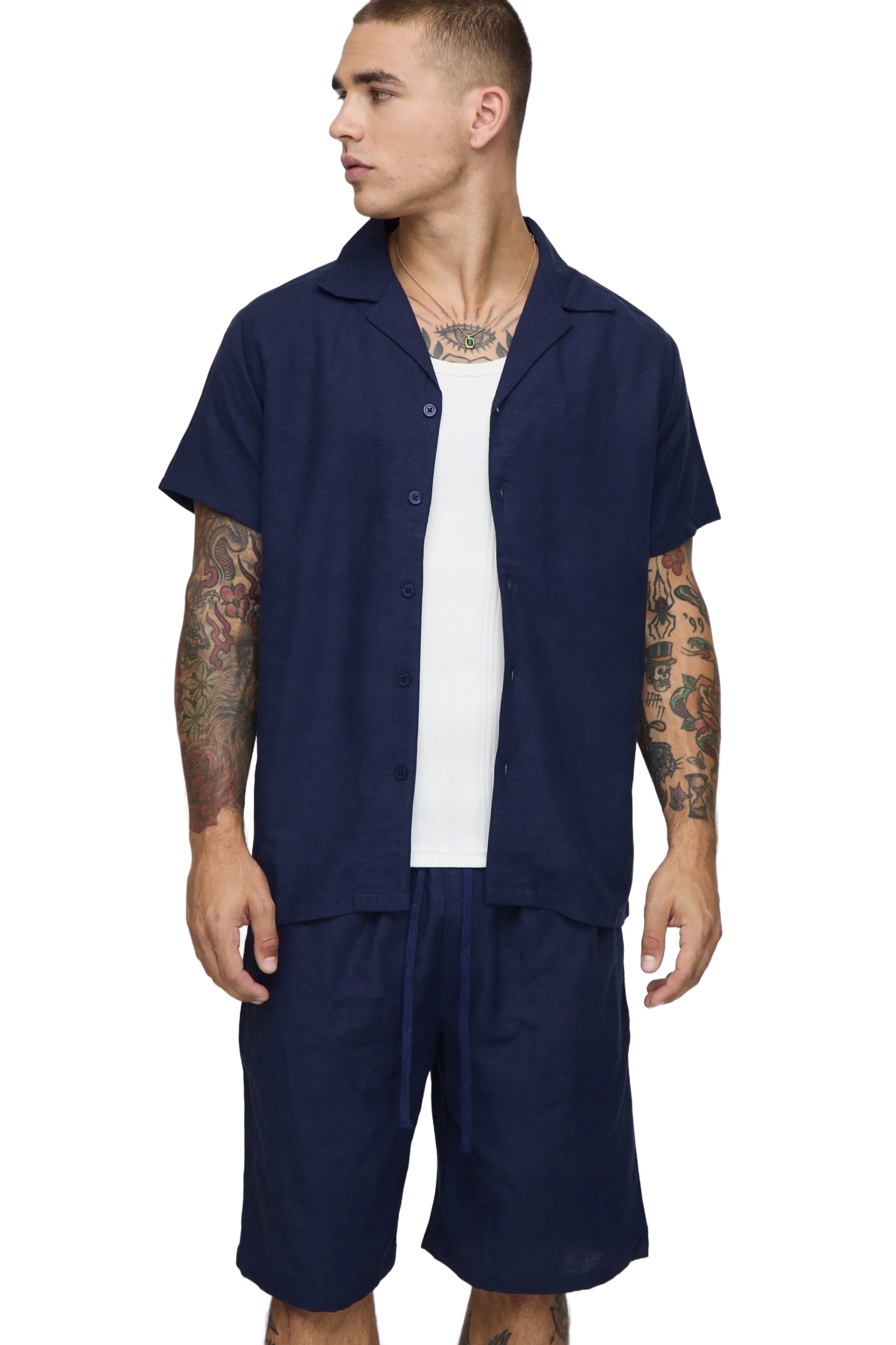 Boohooman Pánský Komplet Košile A Kraťasy Tmavě Modrý Bez Vzoru XL Z3A