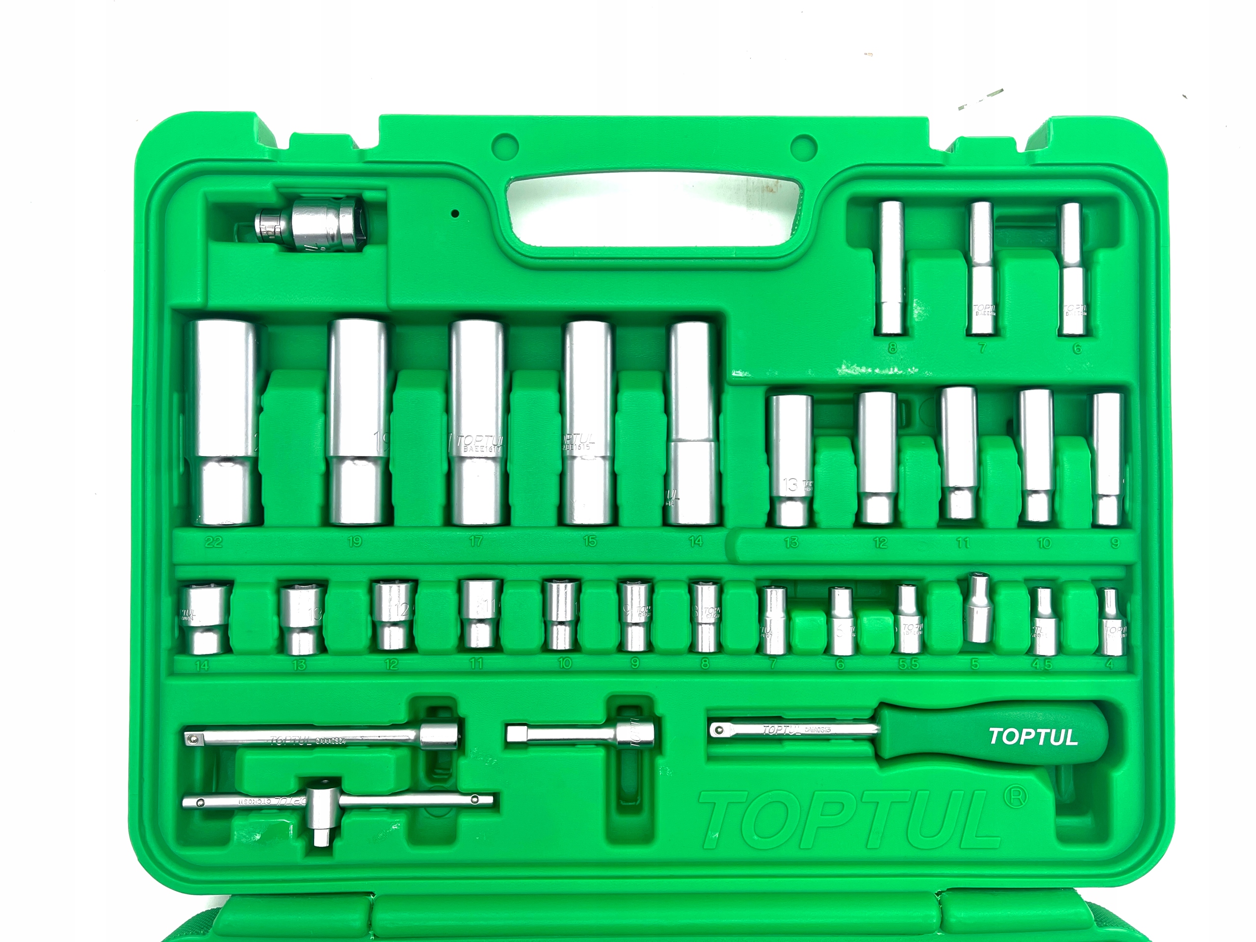 ZESTAW KLUCZY NASADOWYCH KLUCZE NASADOWE 1/4" 1/2" 108el TOPTUL GCAI108R Marka Toptul