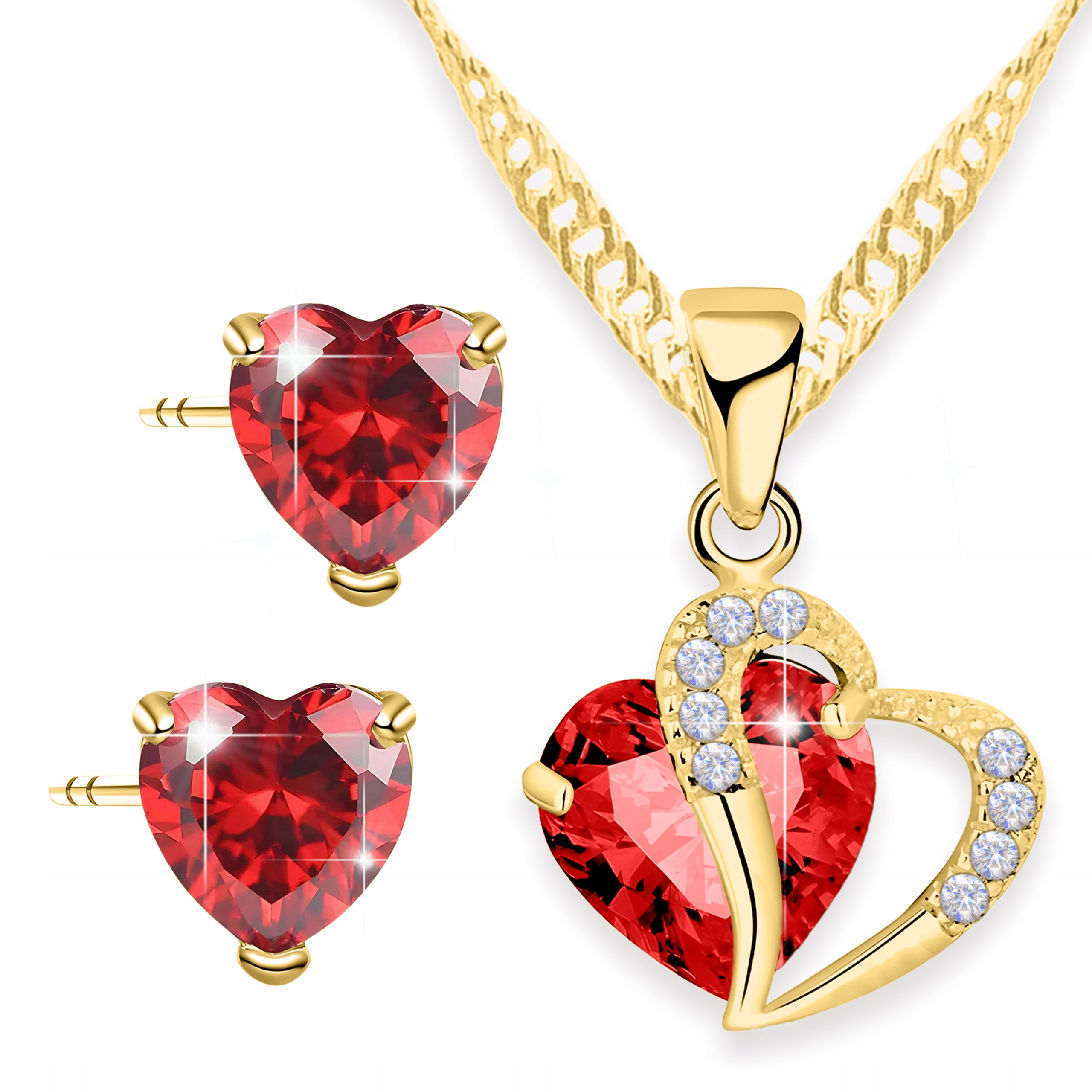 Sada Zlatý náhrdelník Náušnice na tyčinku Červené Křišťálové srdce s925