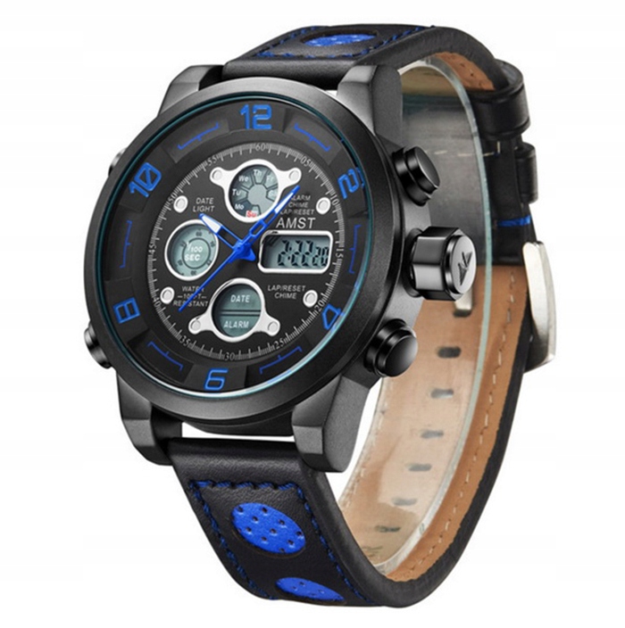 Pánské hodinky Amst kožený pásek analogový elektronický datový alarm Led