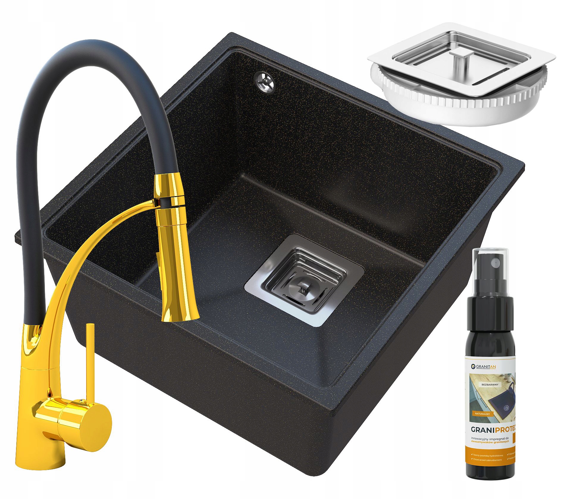 Podpultný Drez Čierny Granitový Set Zlatý Napo