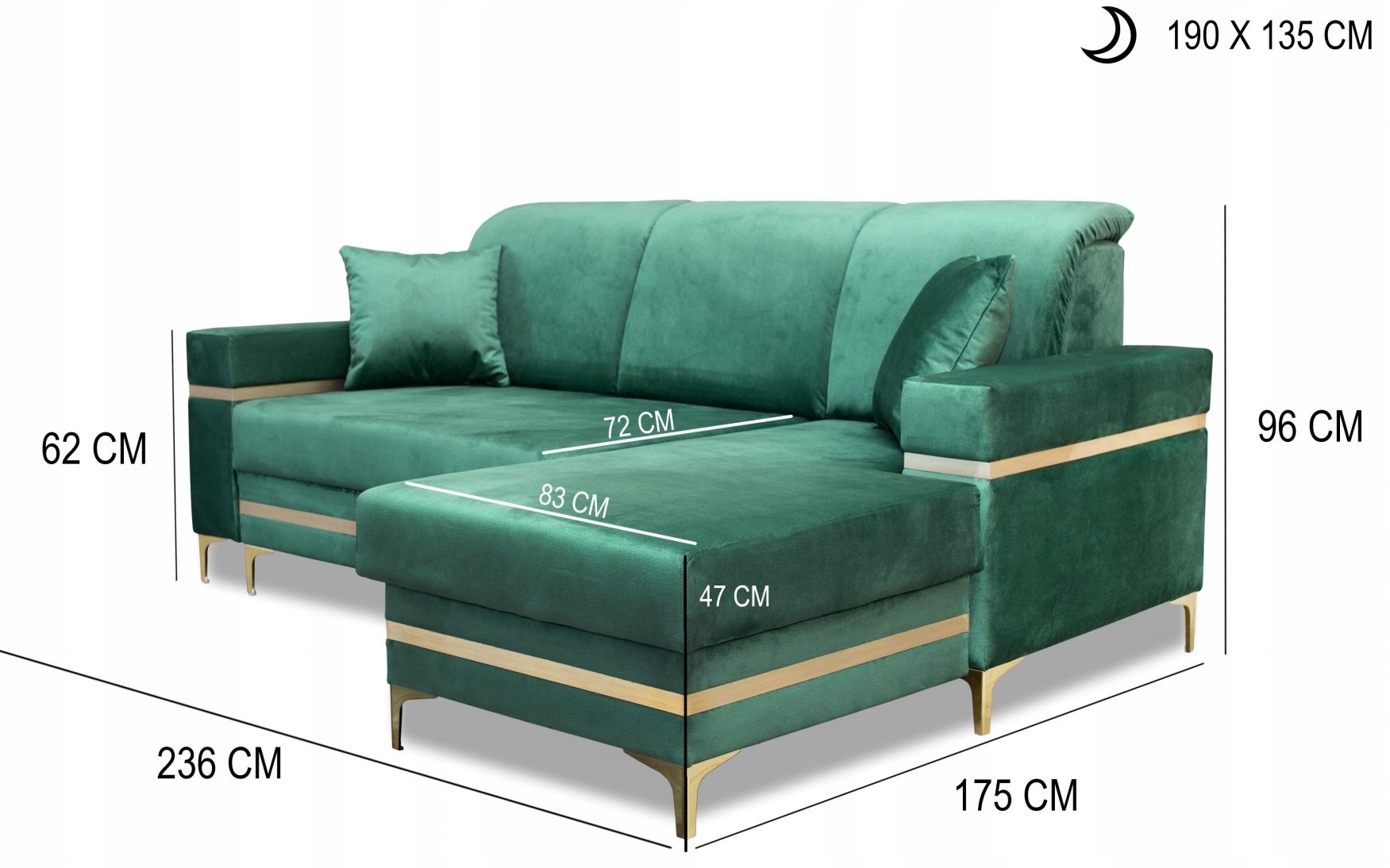 Narożnik GUCIO nowoczesny rogowy glamour Szerokość mebla 236 cm