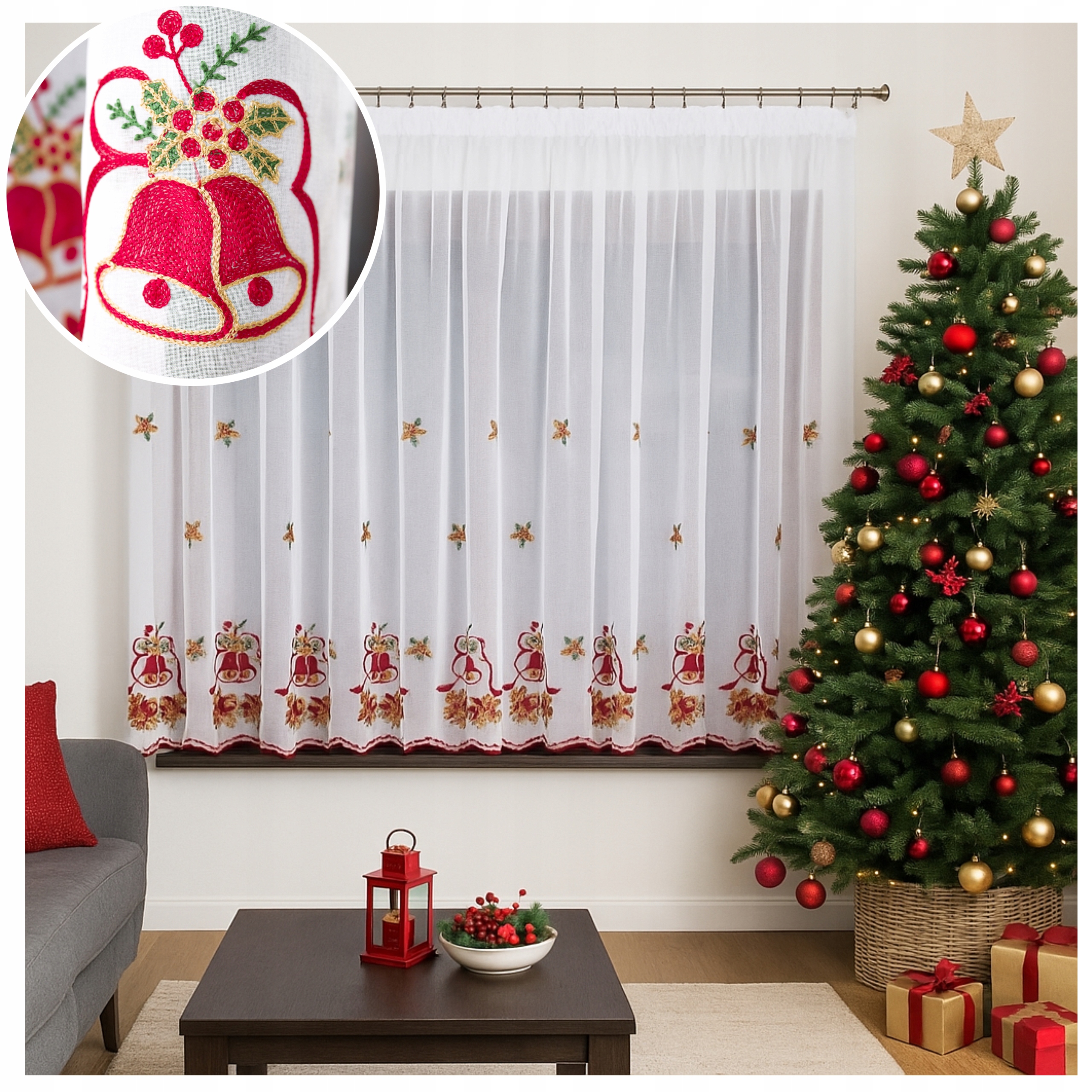 Záclona Lucia s vyšívanými vánočními zvonky Etamin 450 x 235 cm s páskou je hotová