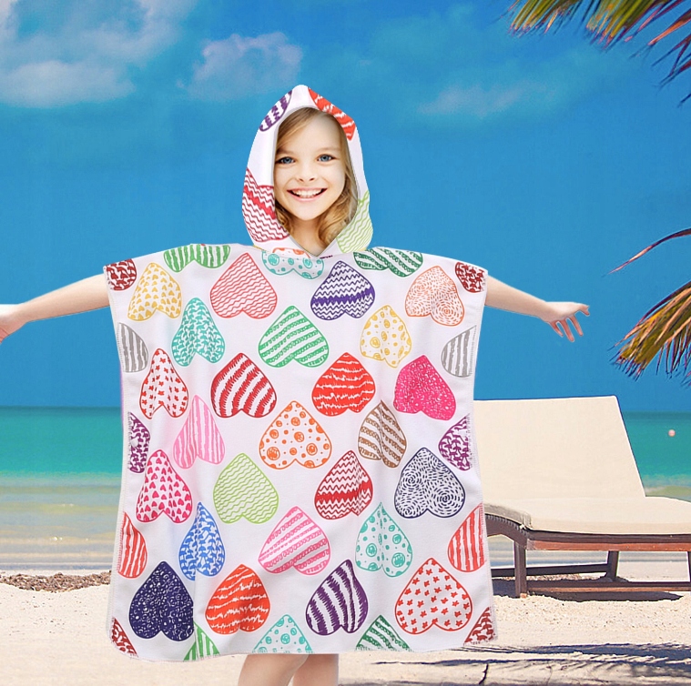 PONCZO RĘCZNIK Z KAPTURKIEM SERCA WZORY PLAŻA BASEN MORZE PONCHO