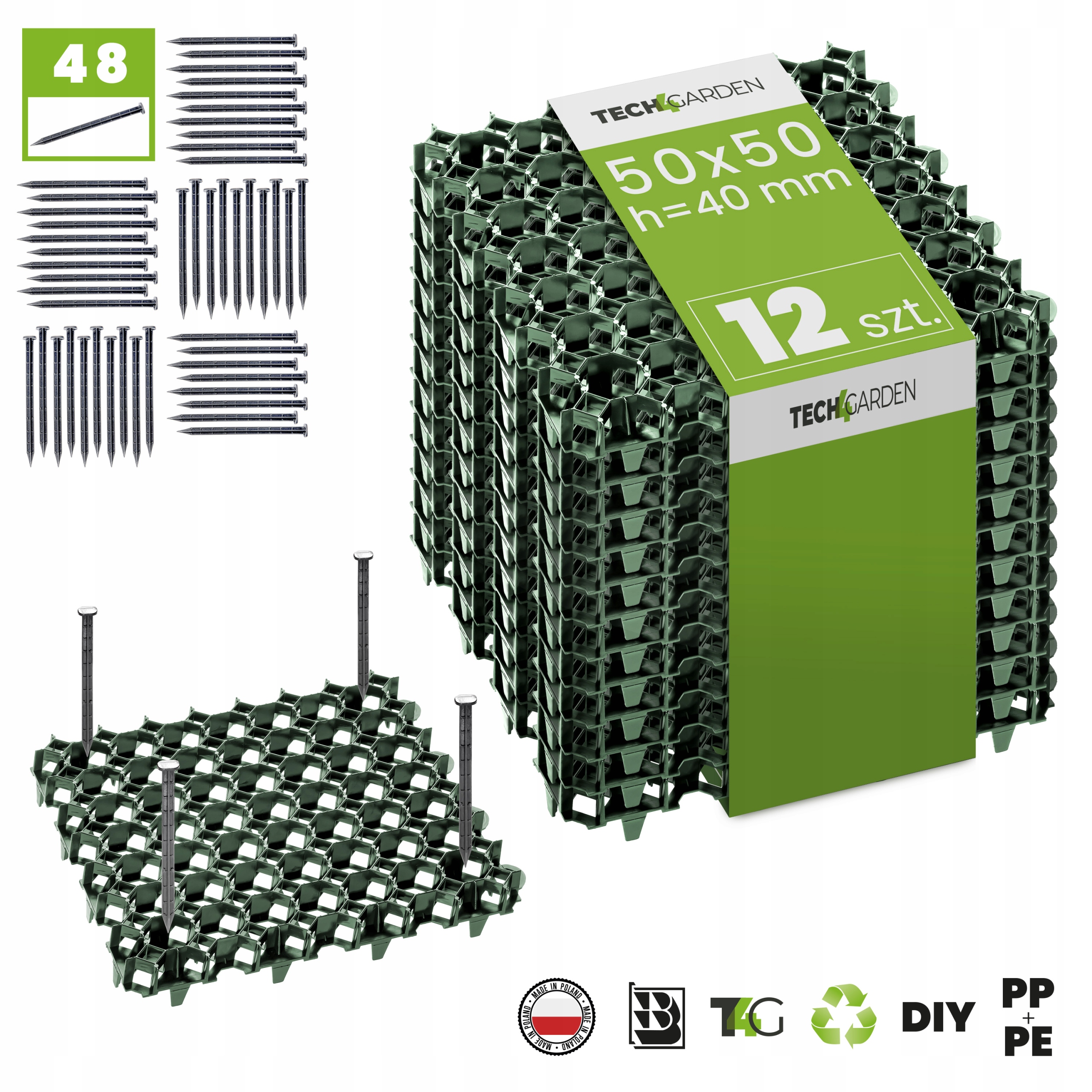 12x Kratka trawnikowa ZIELONA 50x50x4 cm + 48kotwy