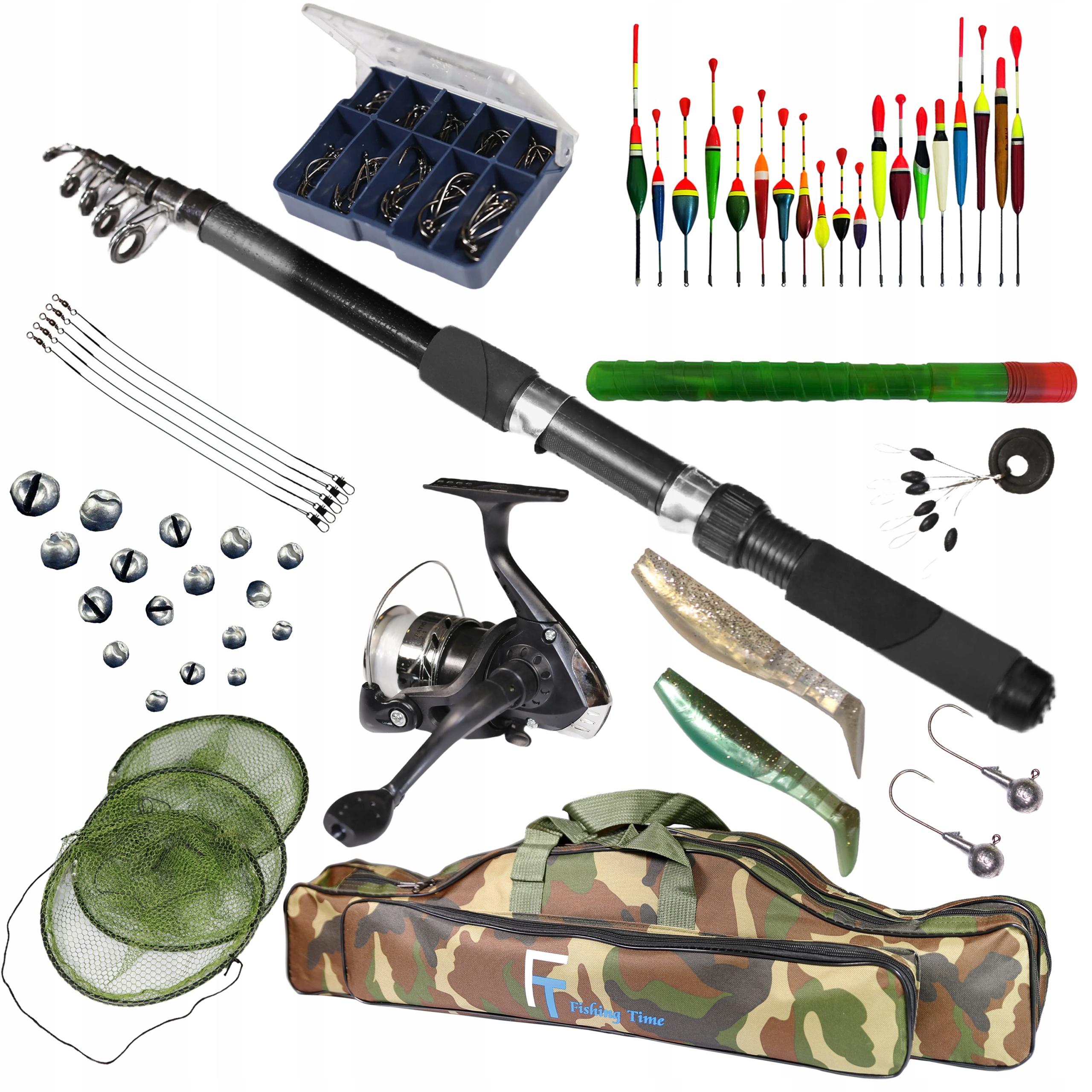 Rybářský Set 1x prut 2,4 m, 1x naviják, 20 splávků SADA-W-17