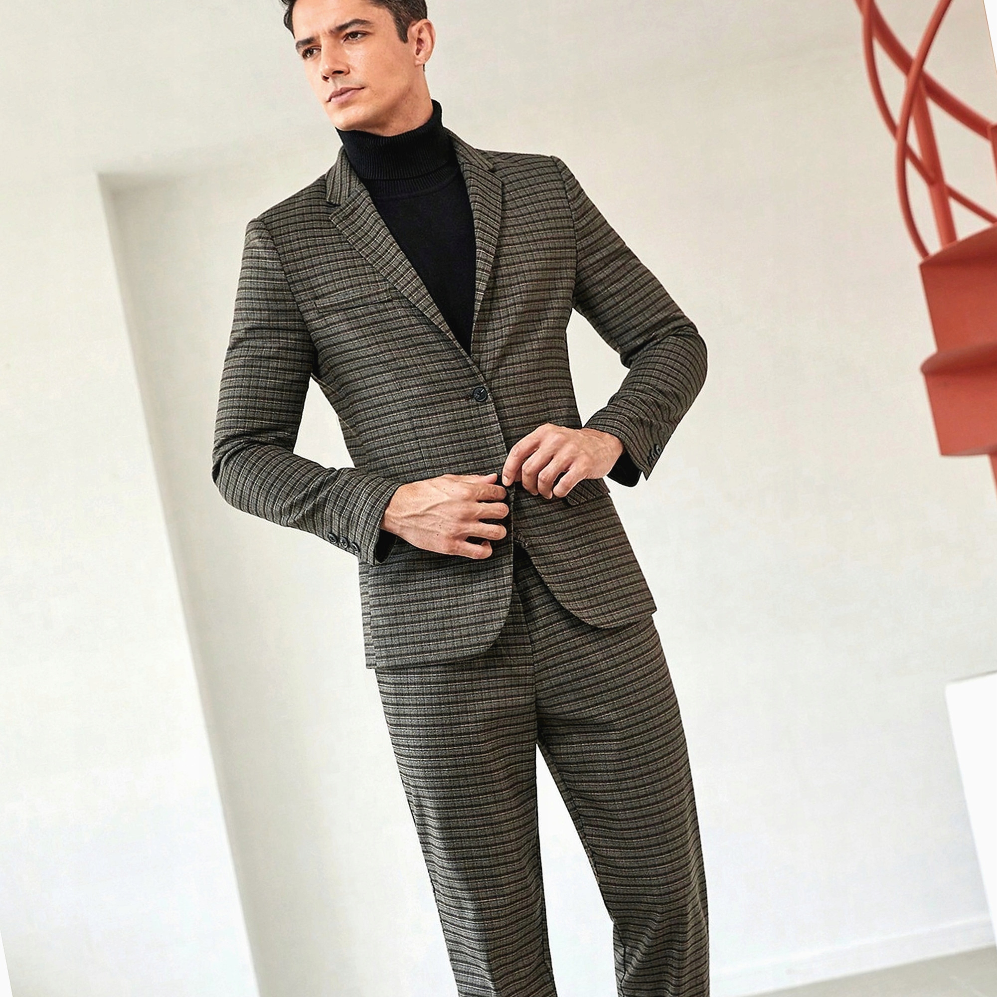 Stylový oblek s mřížkou Trendy Kancelářský Jednořadý Pánský M