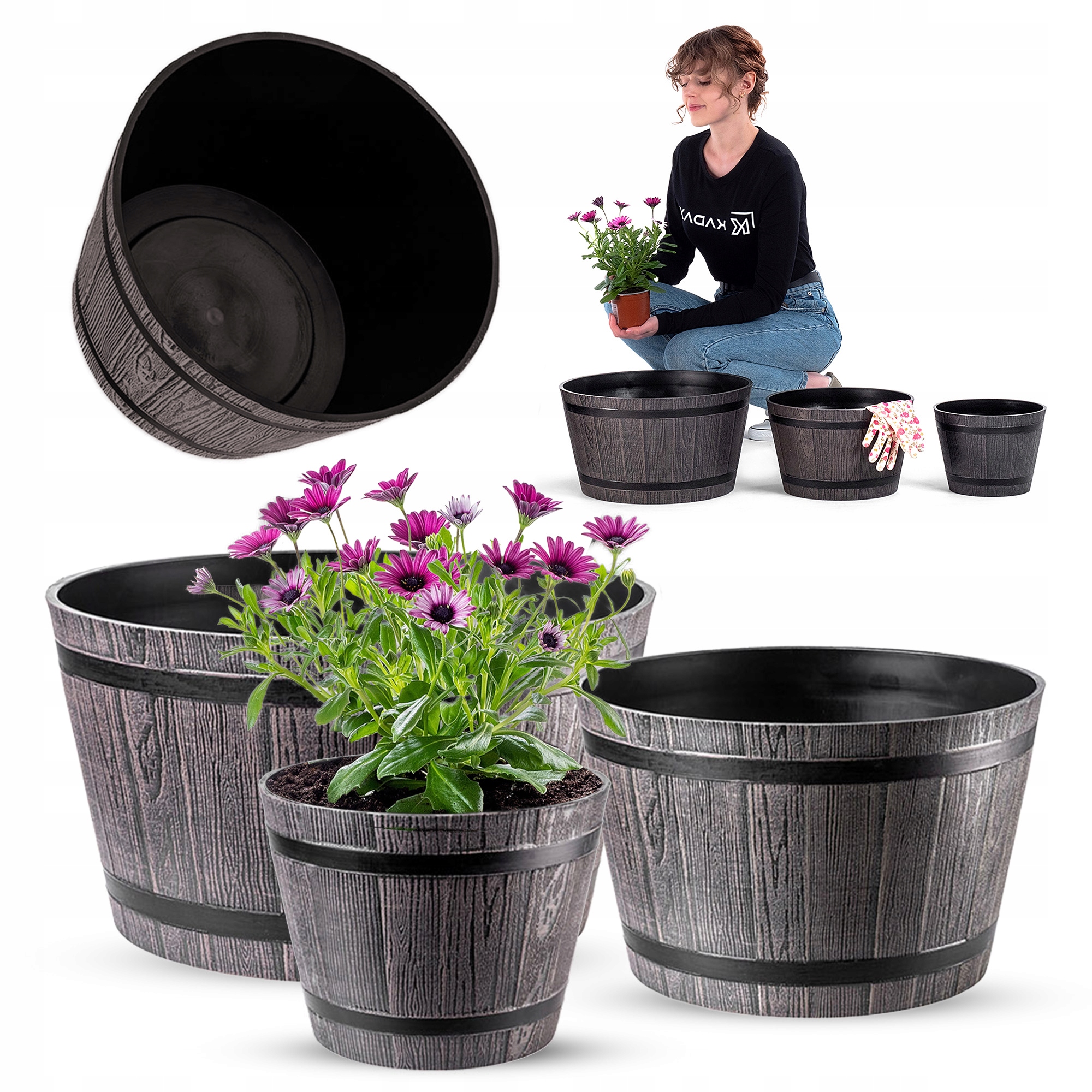Zestaw 3 szt Doniczka Donica Osłonka Kwietnik Ogrodowa 23+30+40cm Szary