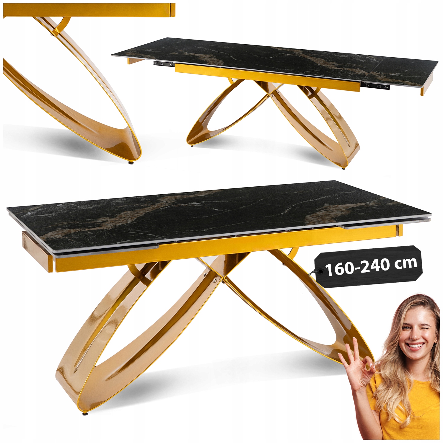 Černý keramický rozkládací jídelní stůl Umělý Kámen Na Bázi Křemene Luigi