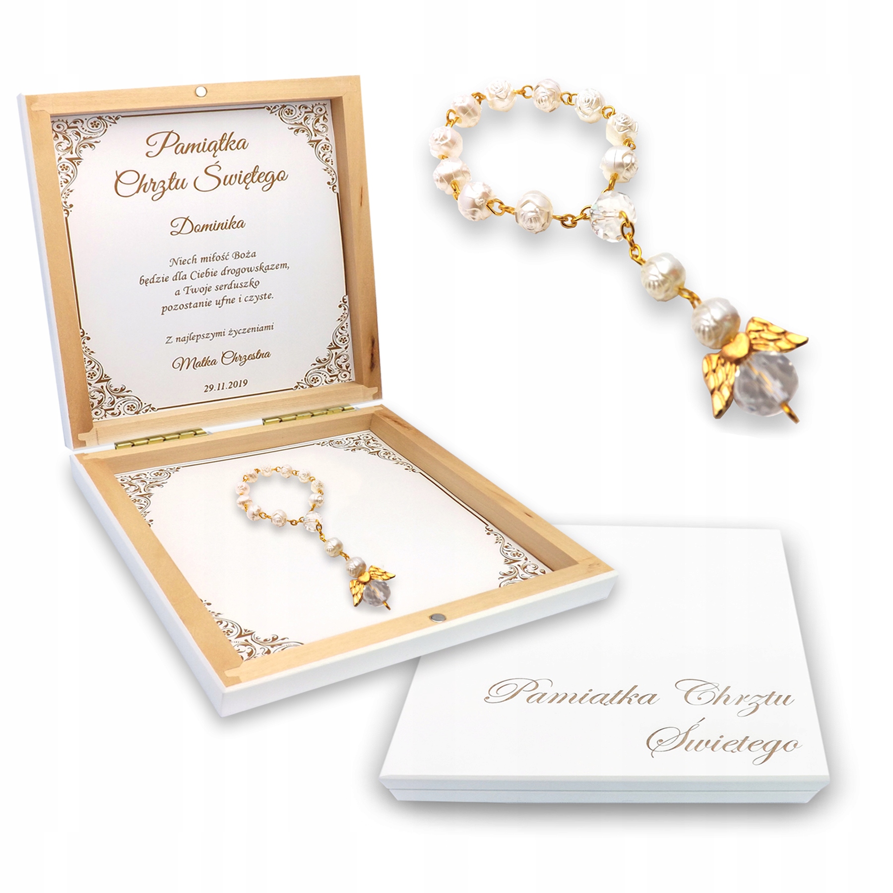 Suvenýr Křtu krabička bílá z desítky růženců