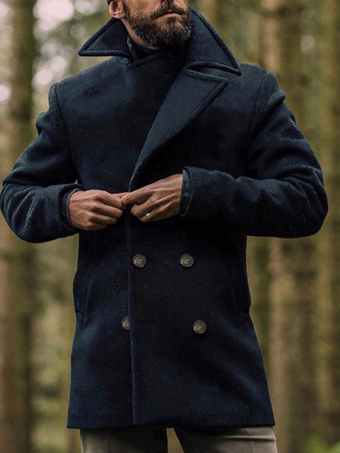 Shein Modrý Dvouřadý Pánský Kabát S Klopami Pro Chladné Dny, Velikost 1 M