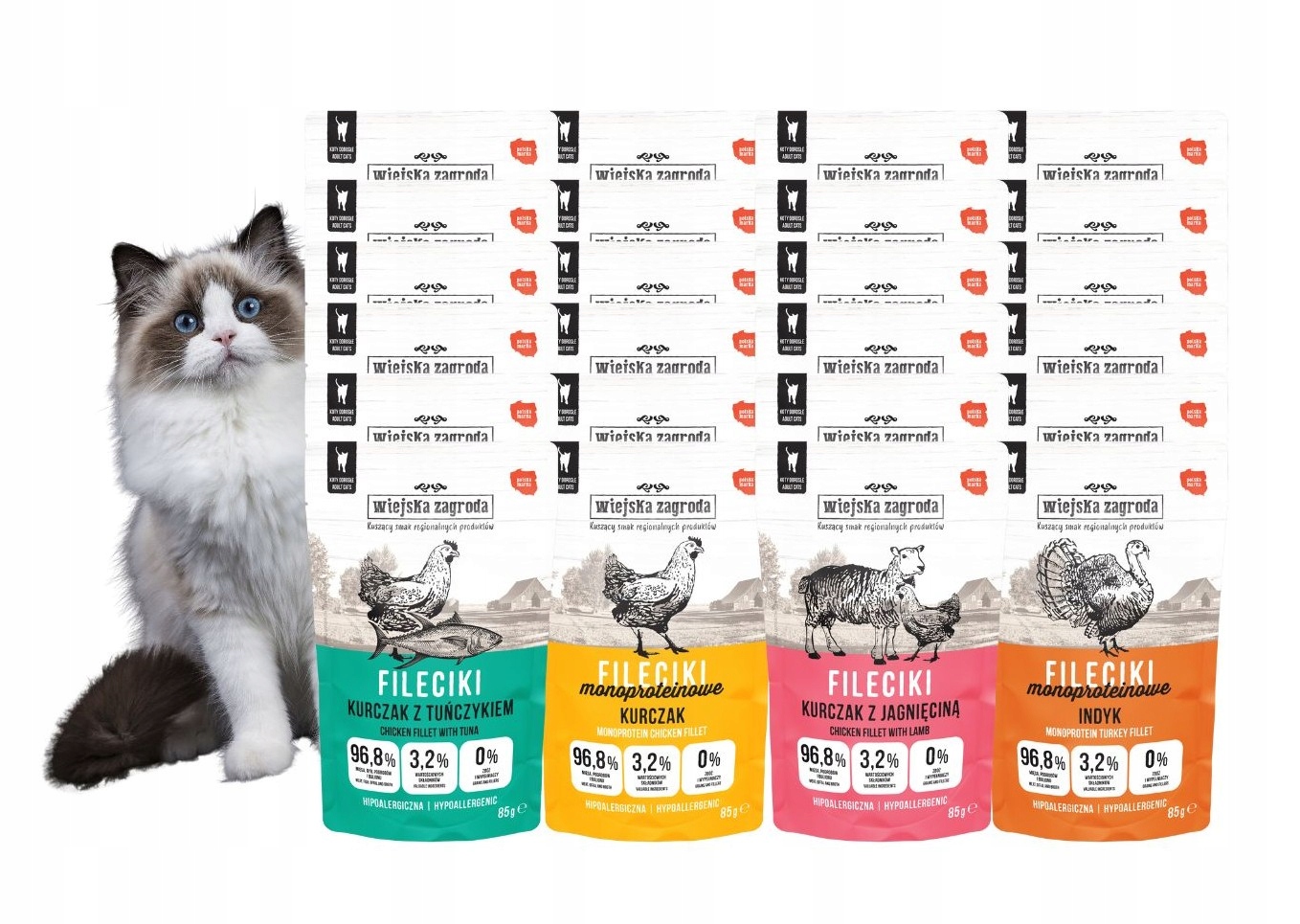 Karma mokra dla kota Wiejska Zagroda Delikatne Fileciki MIX smaków 24x85g