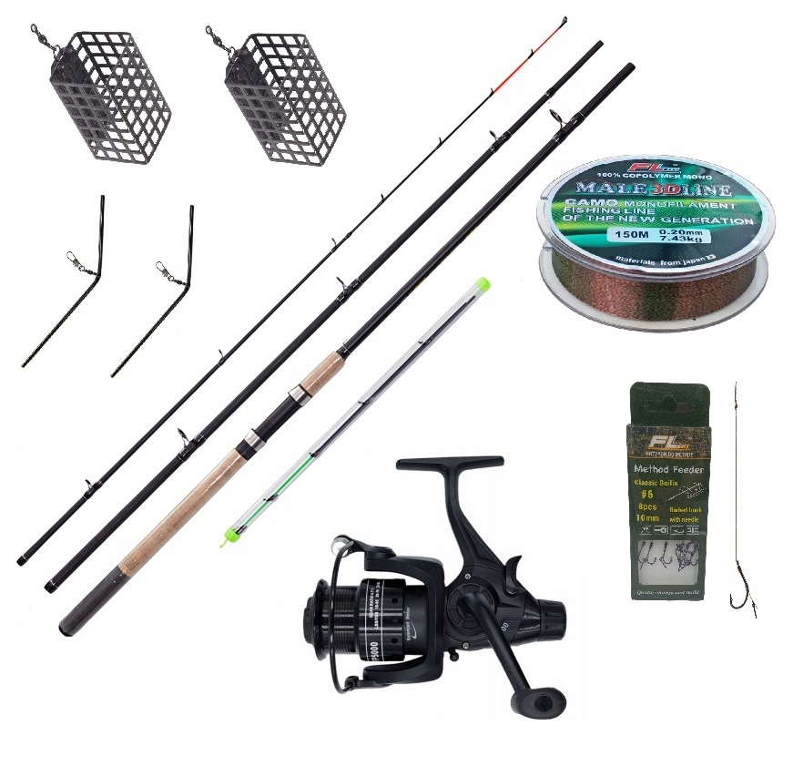 Zestaw Wędka Feeder 3,60 Kołowrotek Żyłka Koszyki Haczyki z igłą Gruntowy