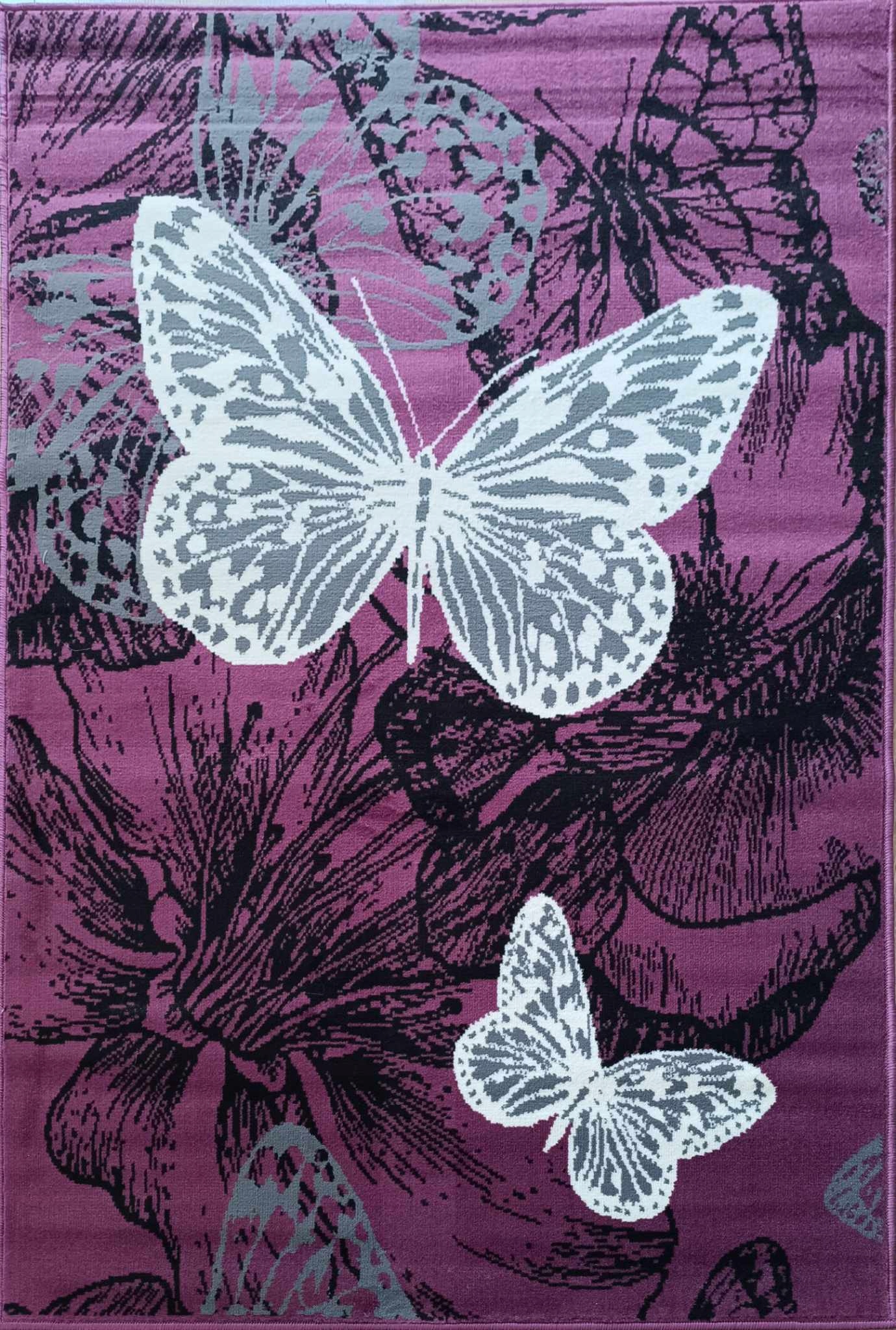 Koberec 120 x 170 cm, fialovo krémový s motýlky, měkký, krátký vlas