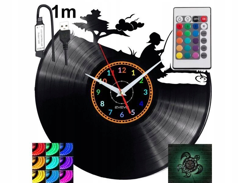 Rybák Nástěnné hodiny Rgb Led podsvícené na dálkové ovládání Vinylová deska Moderní